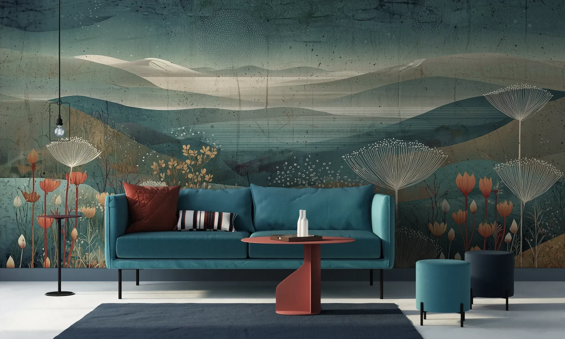 Wzór fototapety ETHEREAL VALLEYS - tapeta z marzycielskim krajobrazem pokazanej w aranżacji salonu.