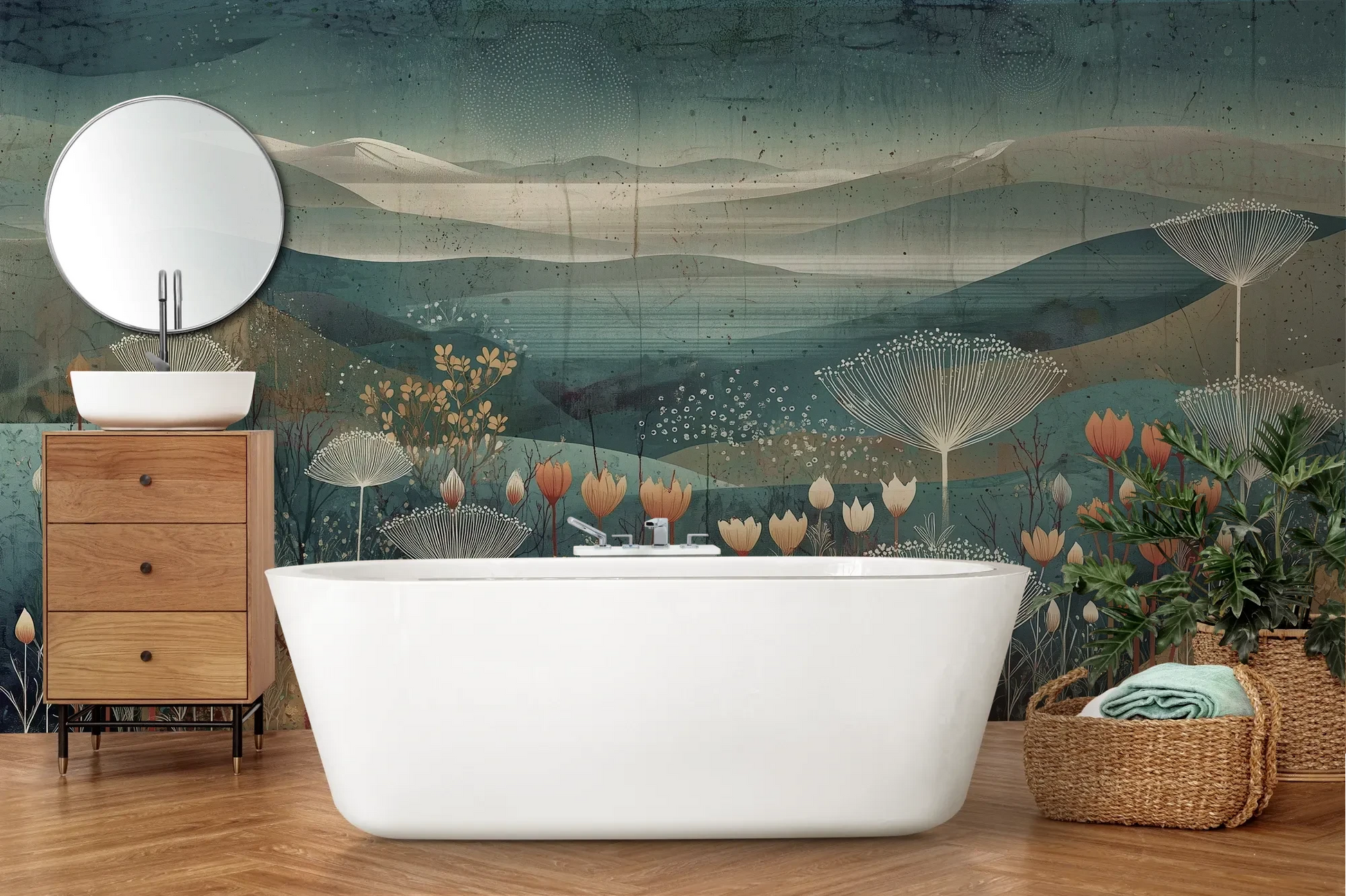 Wzór fototapety ETHEREAL VALLEYS - tapeta z marzycielskim krajobrazem pokazanej w aranżacji łazienki.