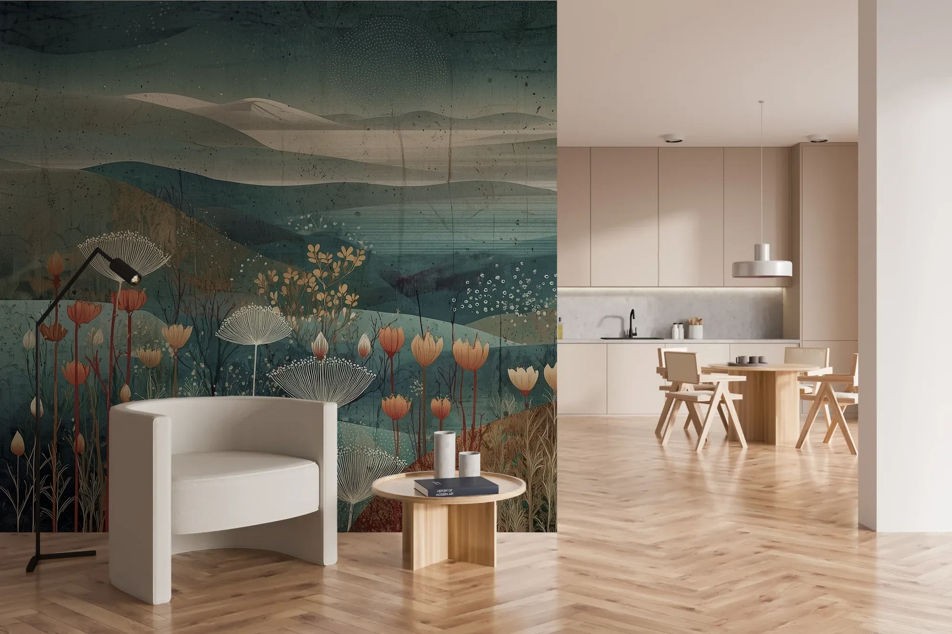 Wzór fototapety ETHEREAL VALLEYS - tapeta z marzycielskim krajobrazem pokazanej w aranżacji kuchni.