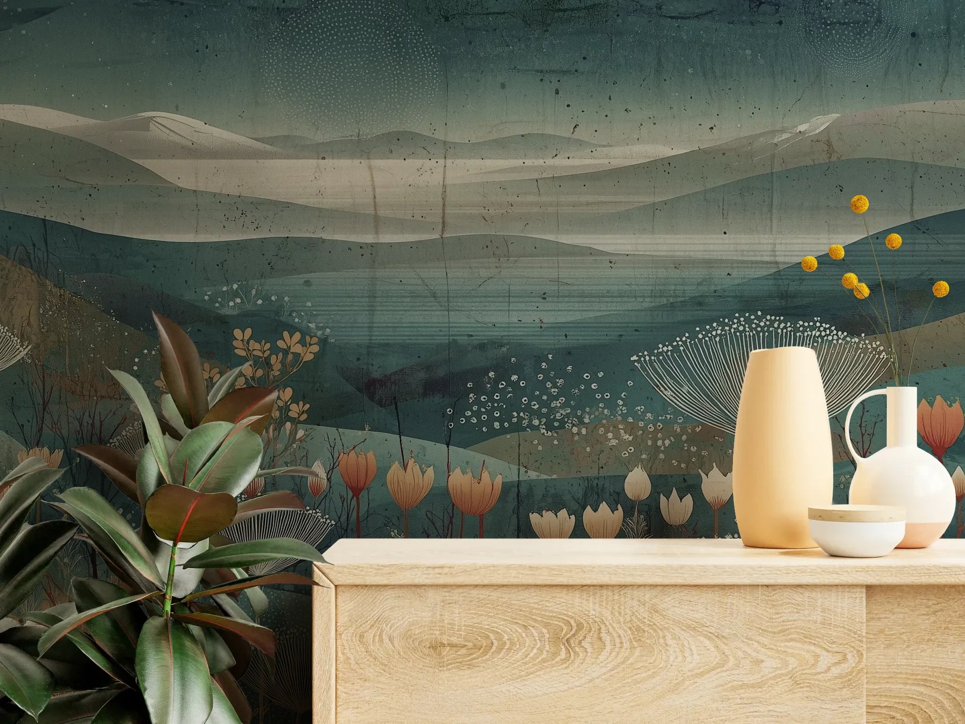 Fototapeta ETHEREAL VALLEYS - tapeta z marzycielskim krajobrazem pokazana w aranżacji wnętrza z akcentem na ścianie.