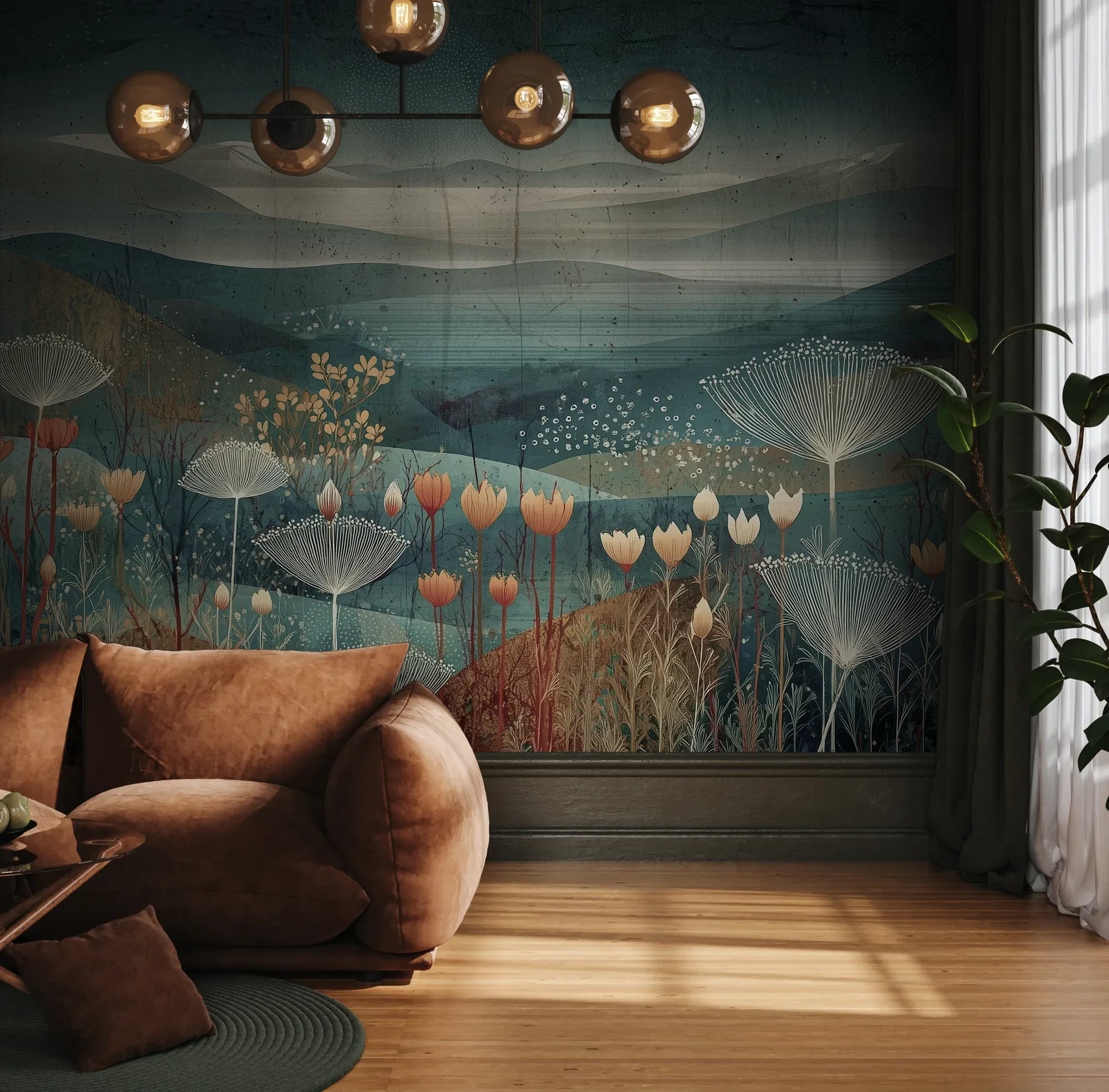 Fototapeta ETHEREAL VALLEYS - tapeta z marzycielskim krajobrazem pokazana w aranżacji wnętrza z akcentem na ścianie.