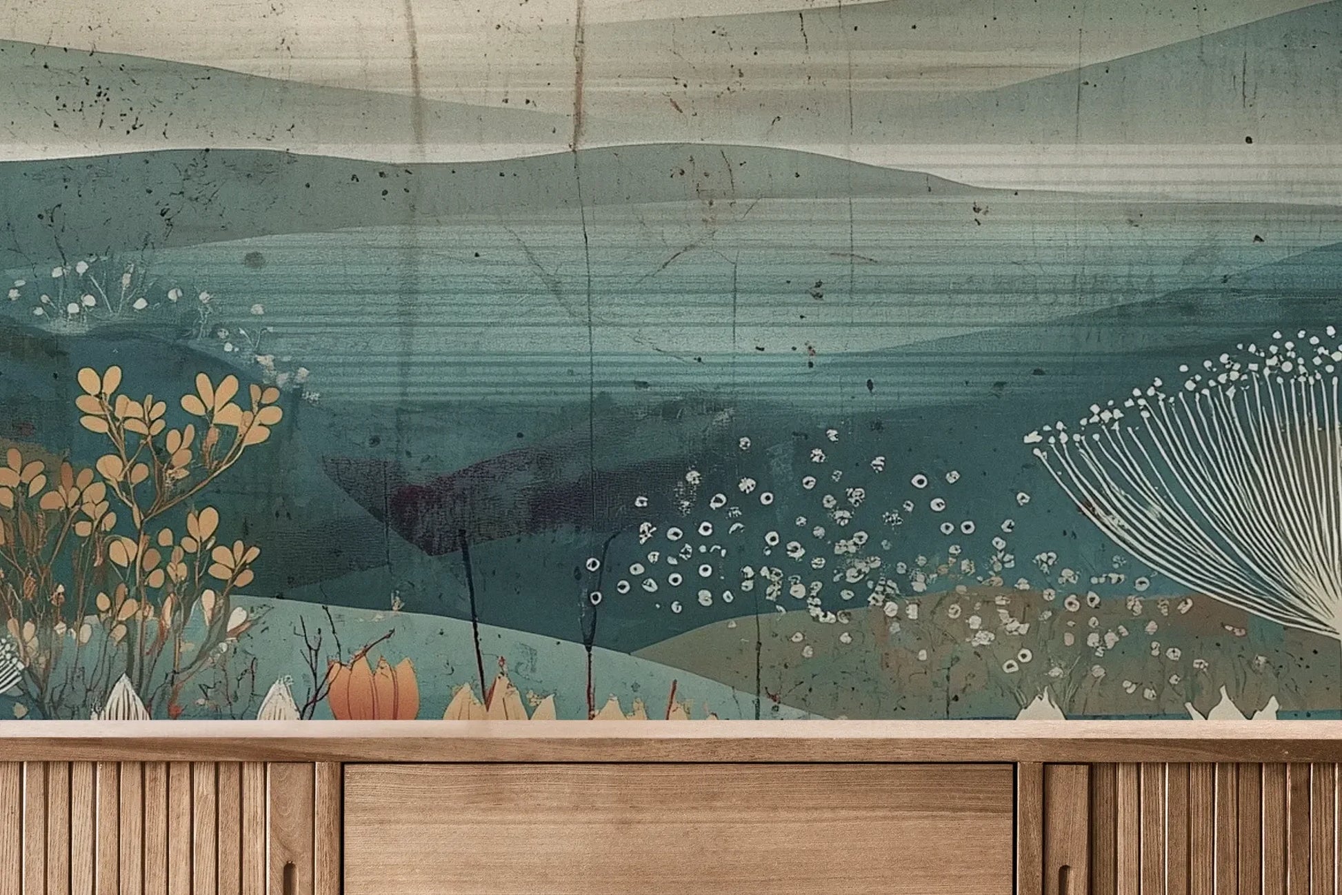 Fototapeta ETHEREAL VALLEYS - tapeta z marzycielskim krajobrazem pokazana w aranżacji wnętrza z akcentem na ścianie.