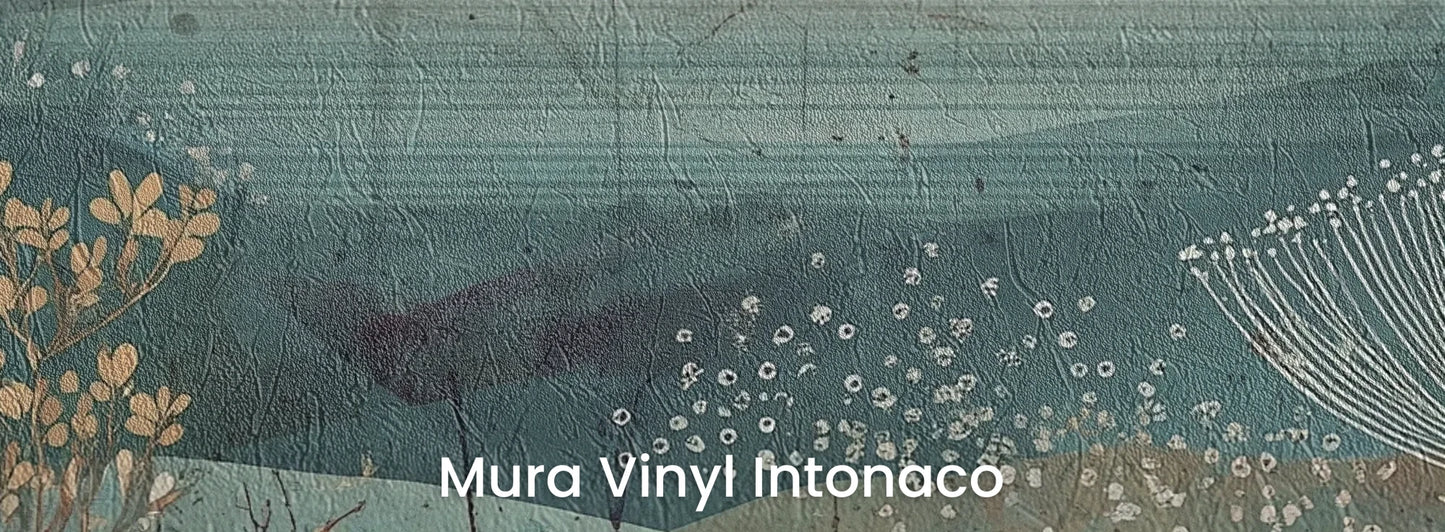 Zbliżenie na fototapetę ETHEREAL VALLEYS - tapeta z marzycielskim krajobrazem na podłożu o strukturze tartego tynku.
