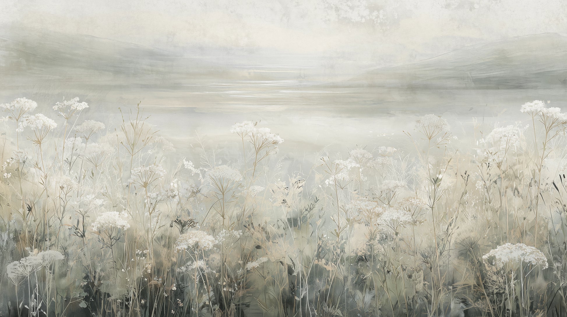 Prezentacja całego wzoru fototapety o nazwie VEILED GRASSLANDS - tapeta z mglistą łąką w bieli