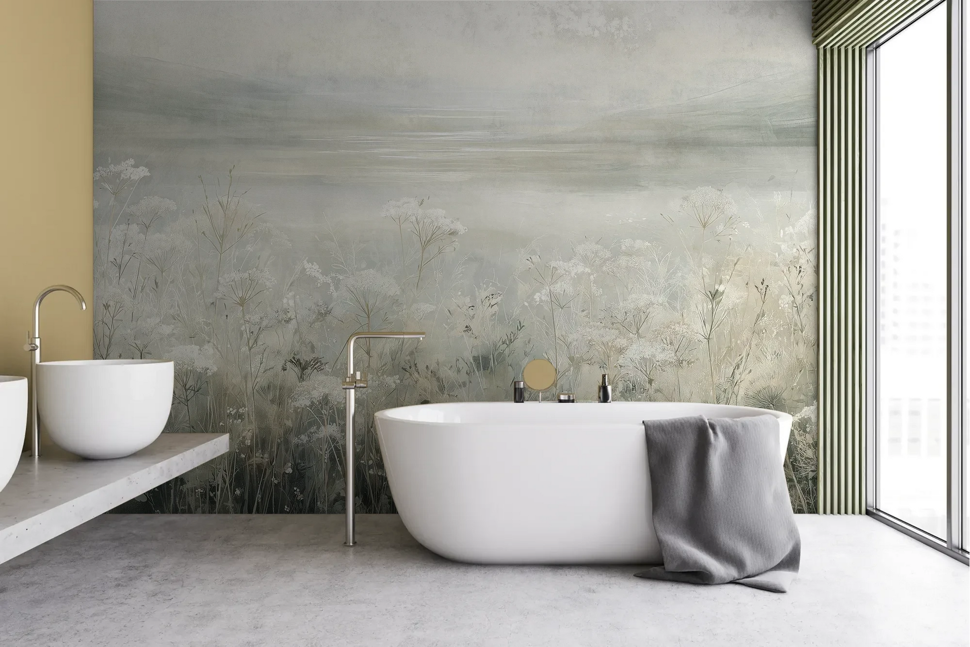 Wzór fototapety VEILED GRASSLANDS - tapeta z mglistą łąką w bieli pokazanej w aranżacji łazienki.