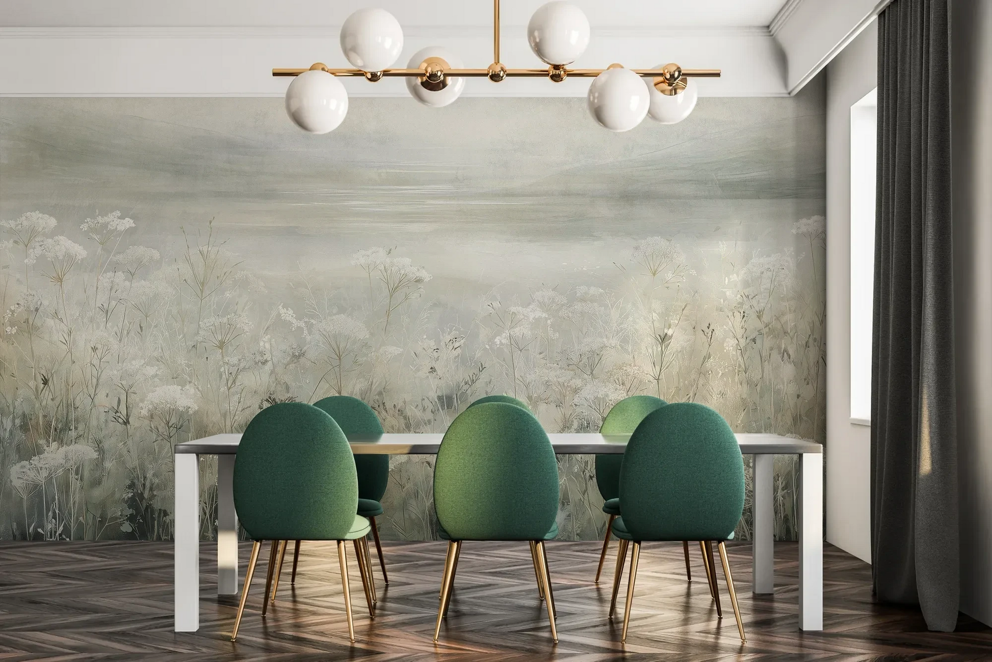 Fototapeta VEILED GRASSLANDS - tapeta z mglistą łąką w bieli pokazana w aranżacji jadalni.