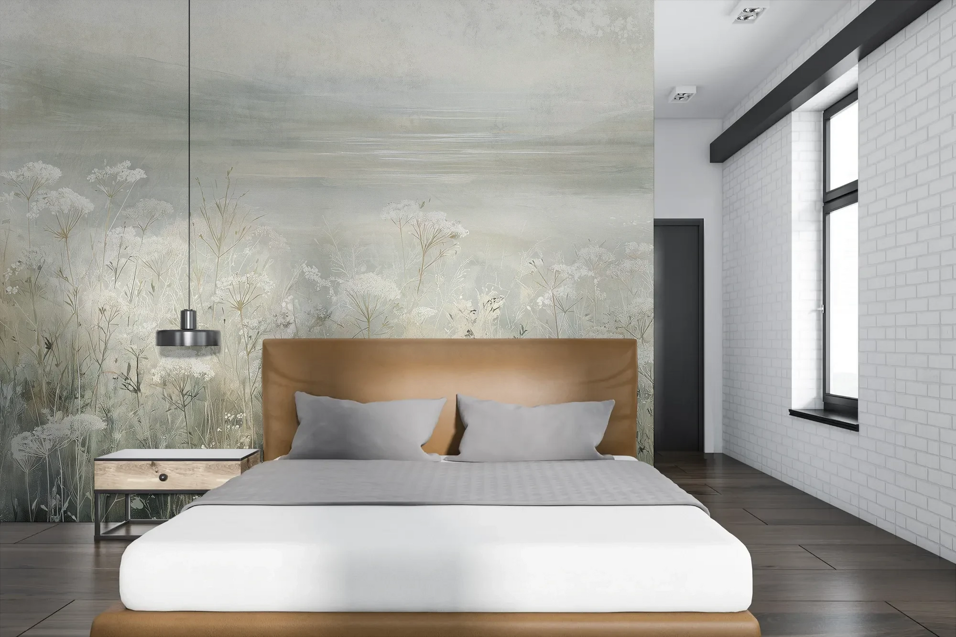 Wzór fototapety VEILED GRASSLANDS - tapeta z mglistą łąką w bieli pokazanej w aranżacji sypialni.