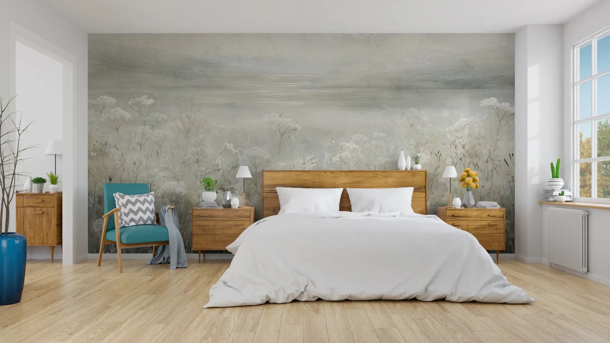 Wzór fototapety VEILED GRASSLANDS - tapeta z mglistą łąką w bieli pokazanej w aranżacji sypialni.