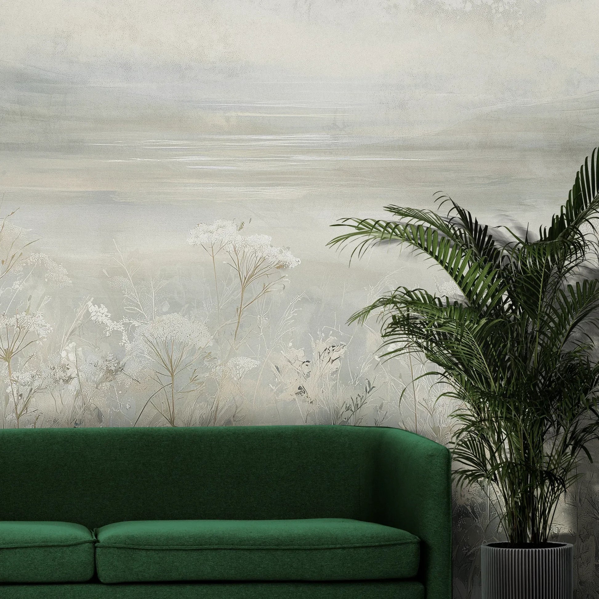 Fototapeta VEILED GRASSLANDS - tapeta z mglistą łąką w bieli pokazana w aranżacji wnętrza z akcentem na ścianie.