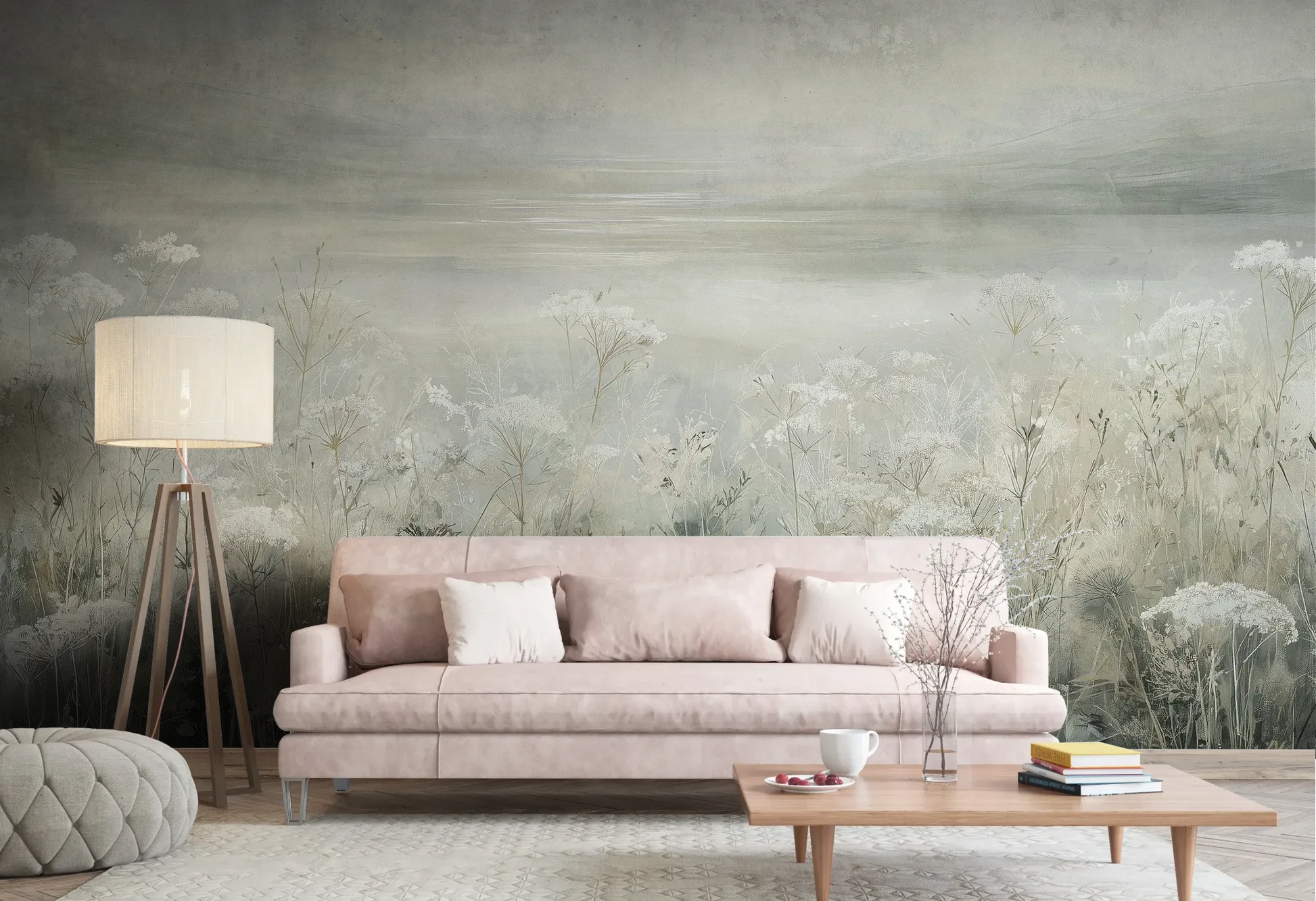 Wzór fototapety VEILED GRASSLANDS - tapeta z mglistą łąką w bieli pokazanej w aranżacji salonu.