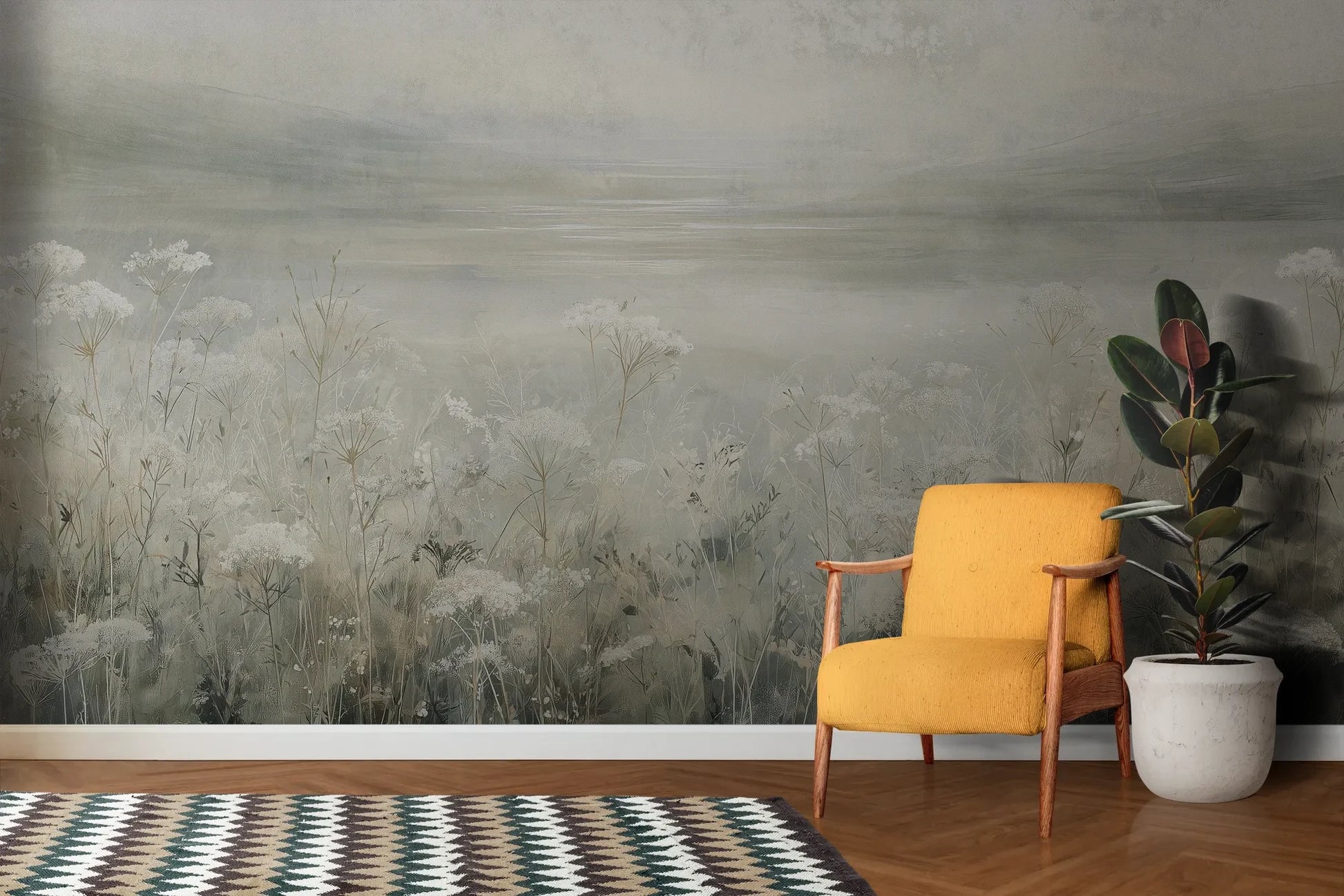 Wzór fototapety VEILED GRASSLANDS - tapeta z mglistą łąką w bieli pokazanej w aranżacji salonu.