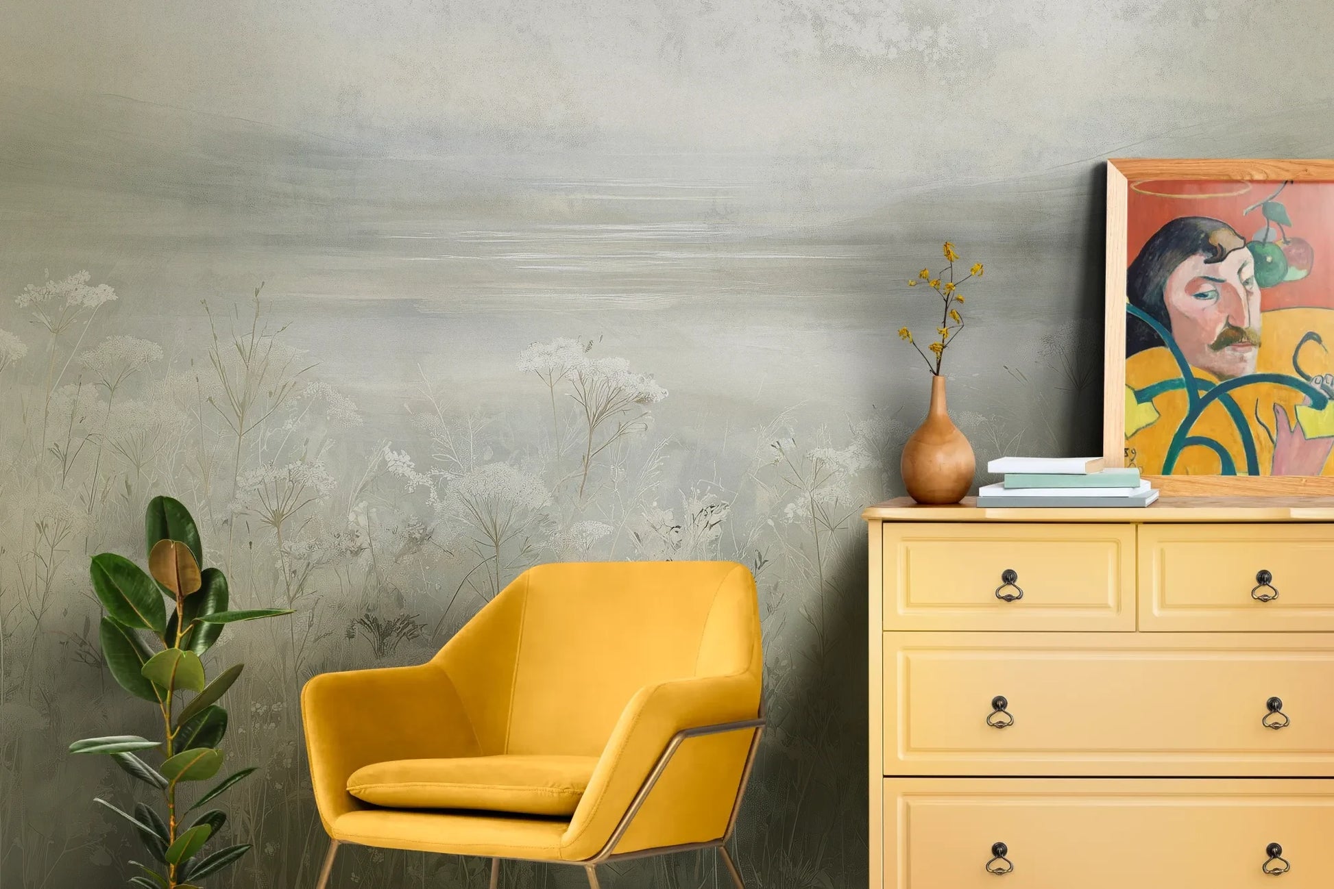 Wzór fototapety VEILED GRASSLANDS - tapeta z mglistą łąką w bieli pokazanej w aranżacji salonu.