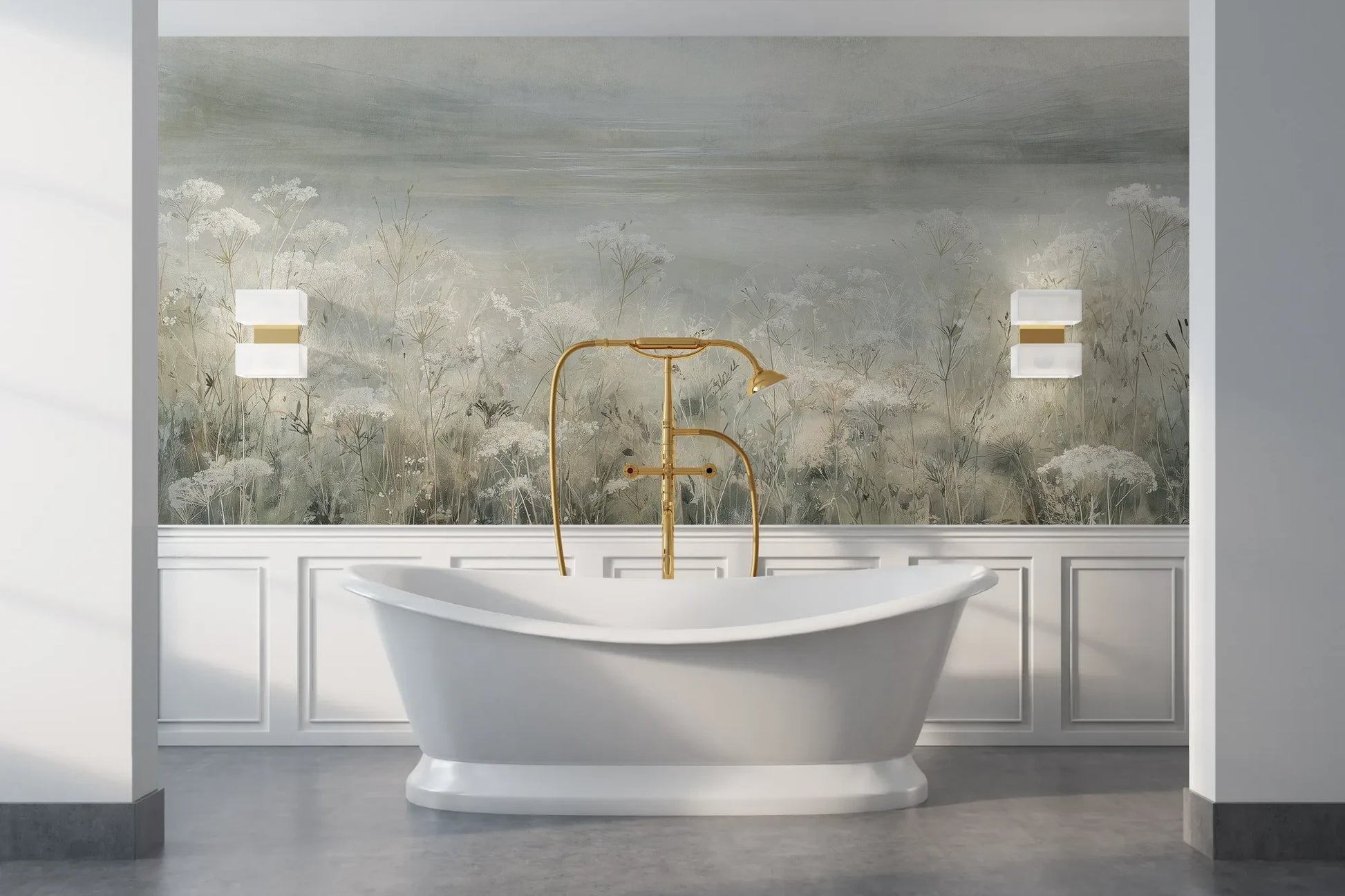 Wzór fototapety VEILED GRASSLANDS - tapeta z mglistą łąką w bieli pokazanej w aranżacji łazienki.