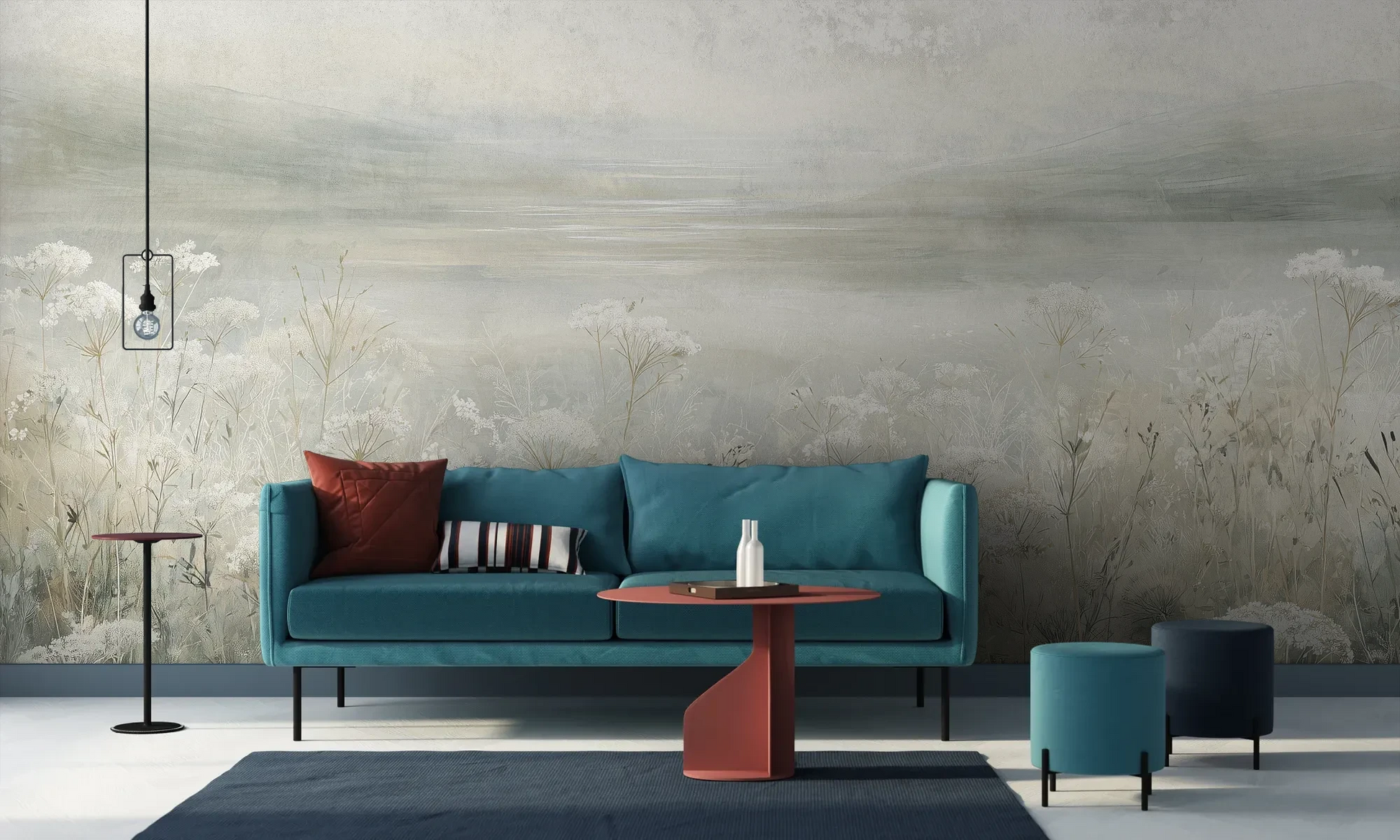 Wzór fototapety VEILED GRASSLANDS - tapeta z mglistą łąką w bieli pokazanej w aranżacji salonu.