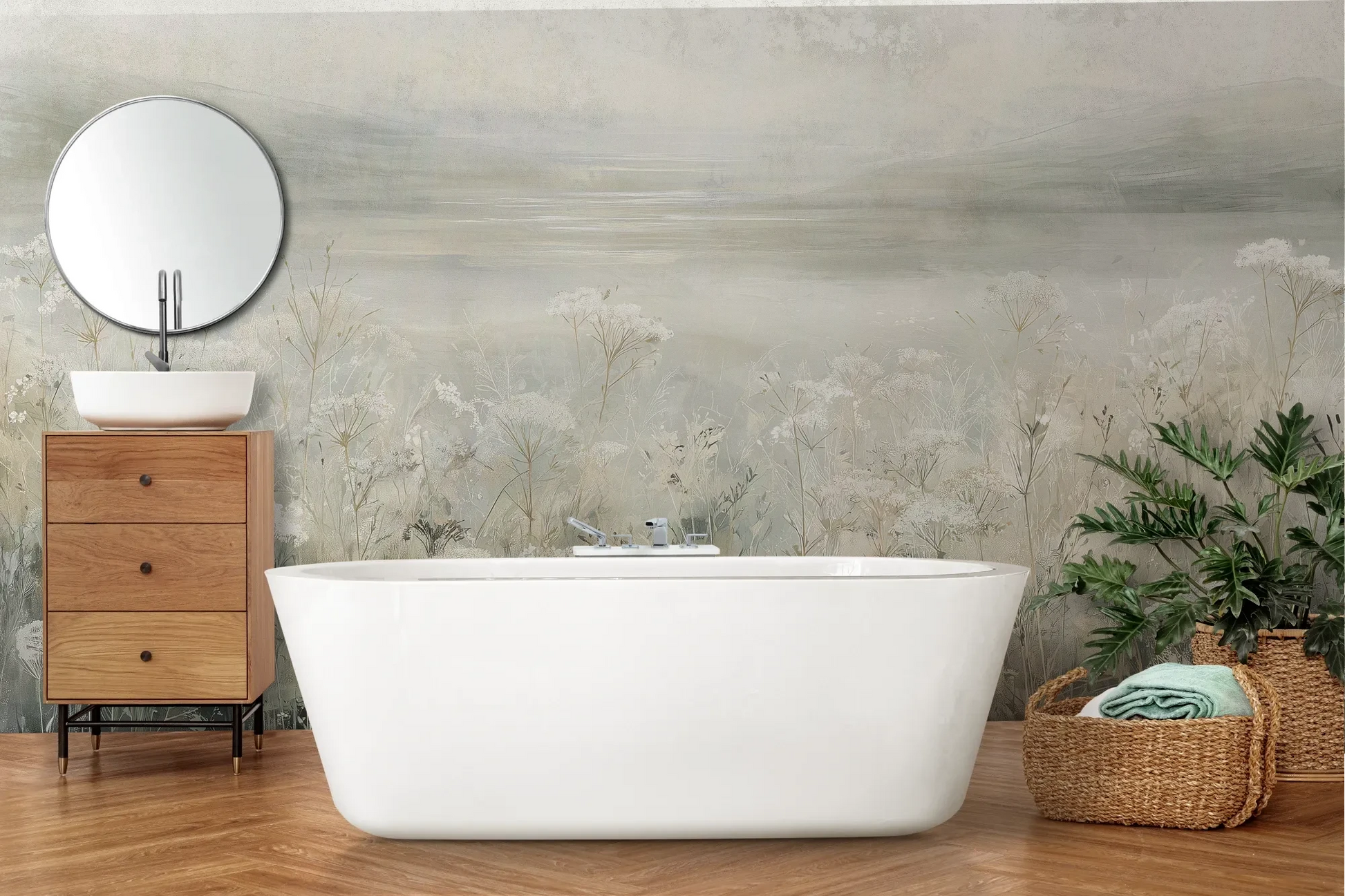 Wzór fototapety VEILED GRASSLANDS - tapeta z mglistą łąką w bieli pokazanej w aranżacji łazienki.