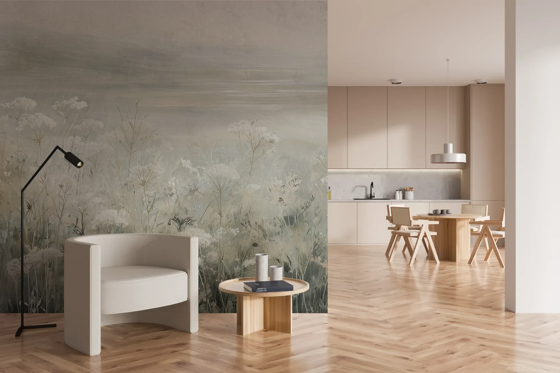 Wzór fototapety VEILED GRASSLANDS - tapeta z mglistą łąką w bieli pokazanej w aranżacji kuchni.