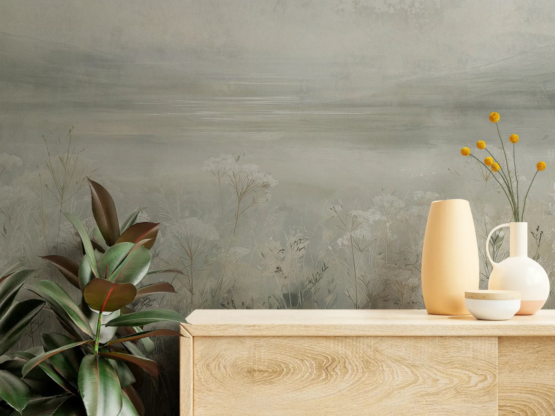 Fototapeta VEILED GRASSLANDS - tapeta z mglistą łąką w bieli pokazana w aranżacji wnętrza z akcentem na ścianie.