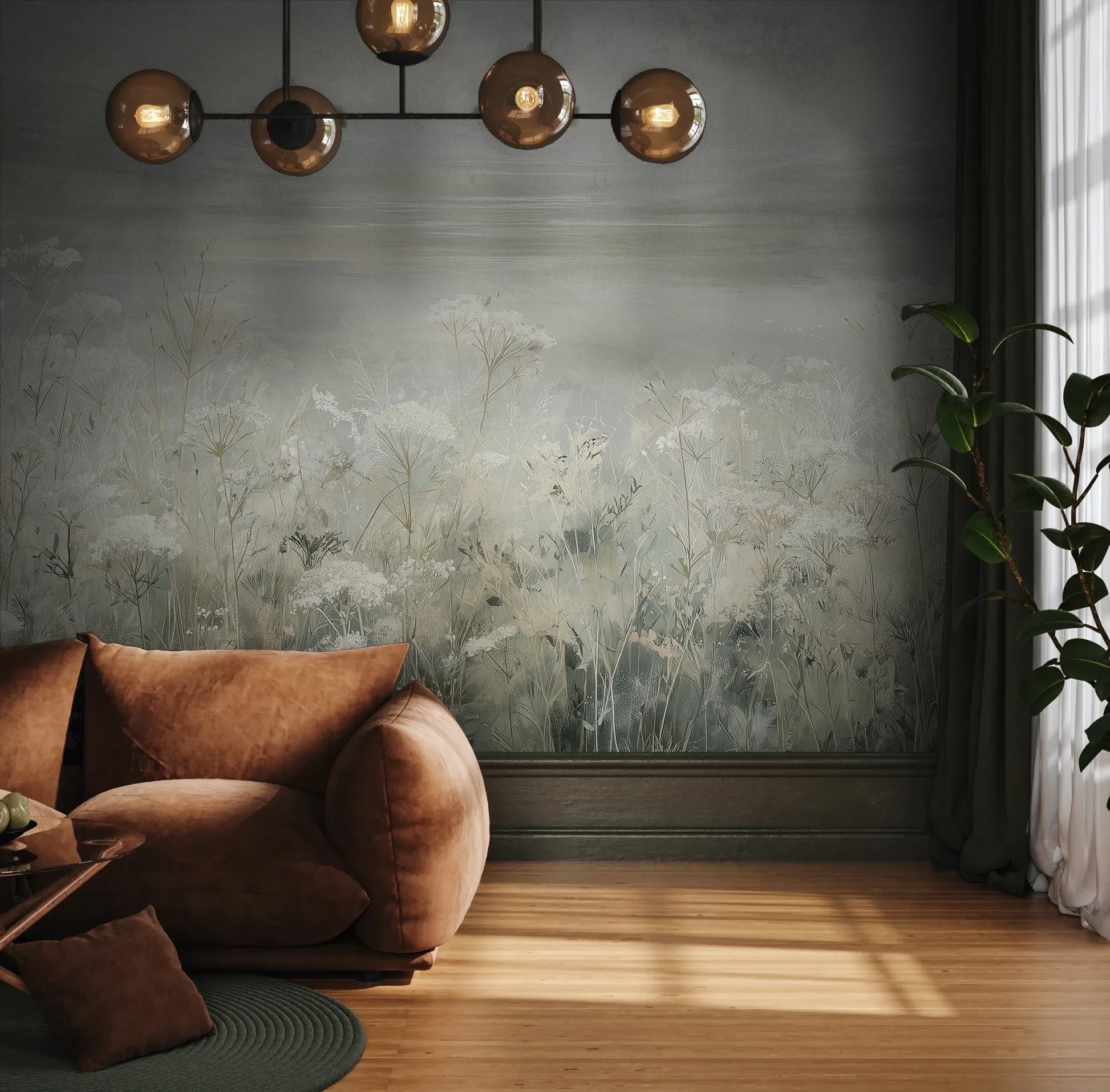 Fototapeta VEILED GRASSLANDS - tapeta z mglistą łąką w bieli pokazana w aranżacji wnętrza z akcentem na ścianie.