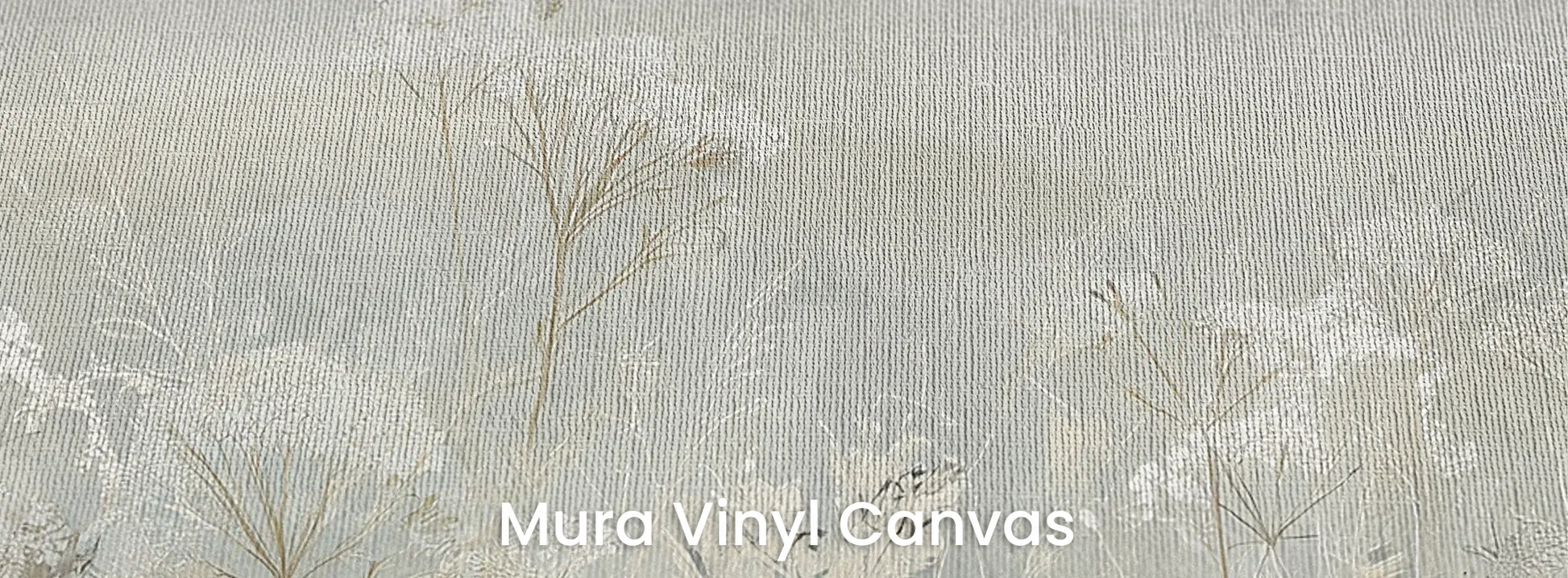 Zbliżenie na fototapetę VEILED GRASSLANDS - tapeta z mglistą łąką w bieli na podłożu o fakturze płótna.