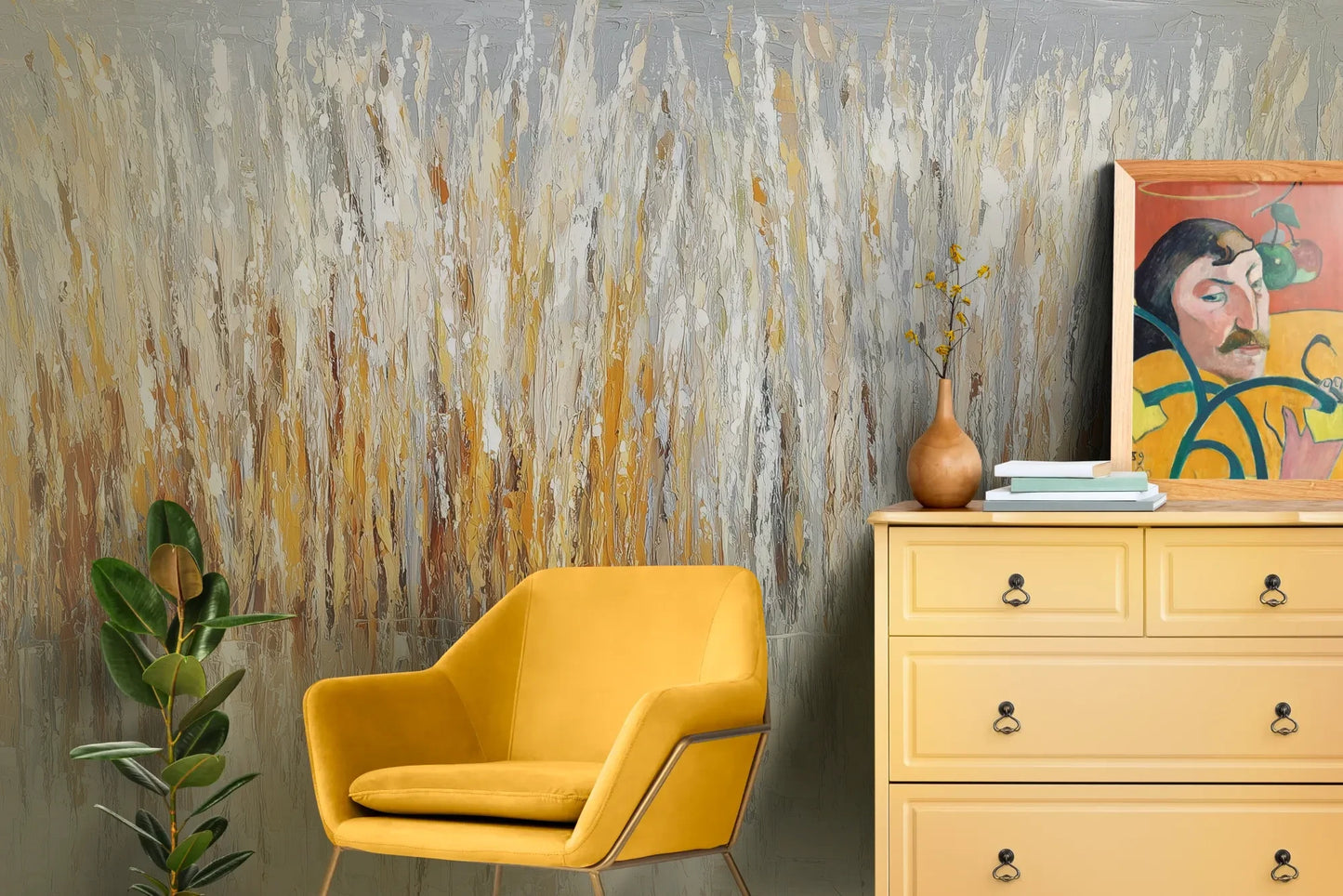 Wzór fototapety WINTER CATTAILS - tapeta z abstrakcyjną trawą w zimowej palecie pokazanej w aranżacji salonu.