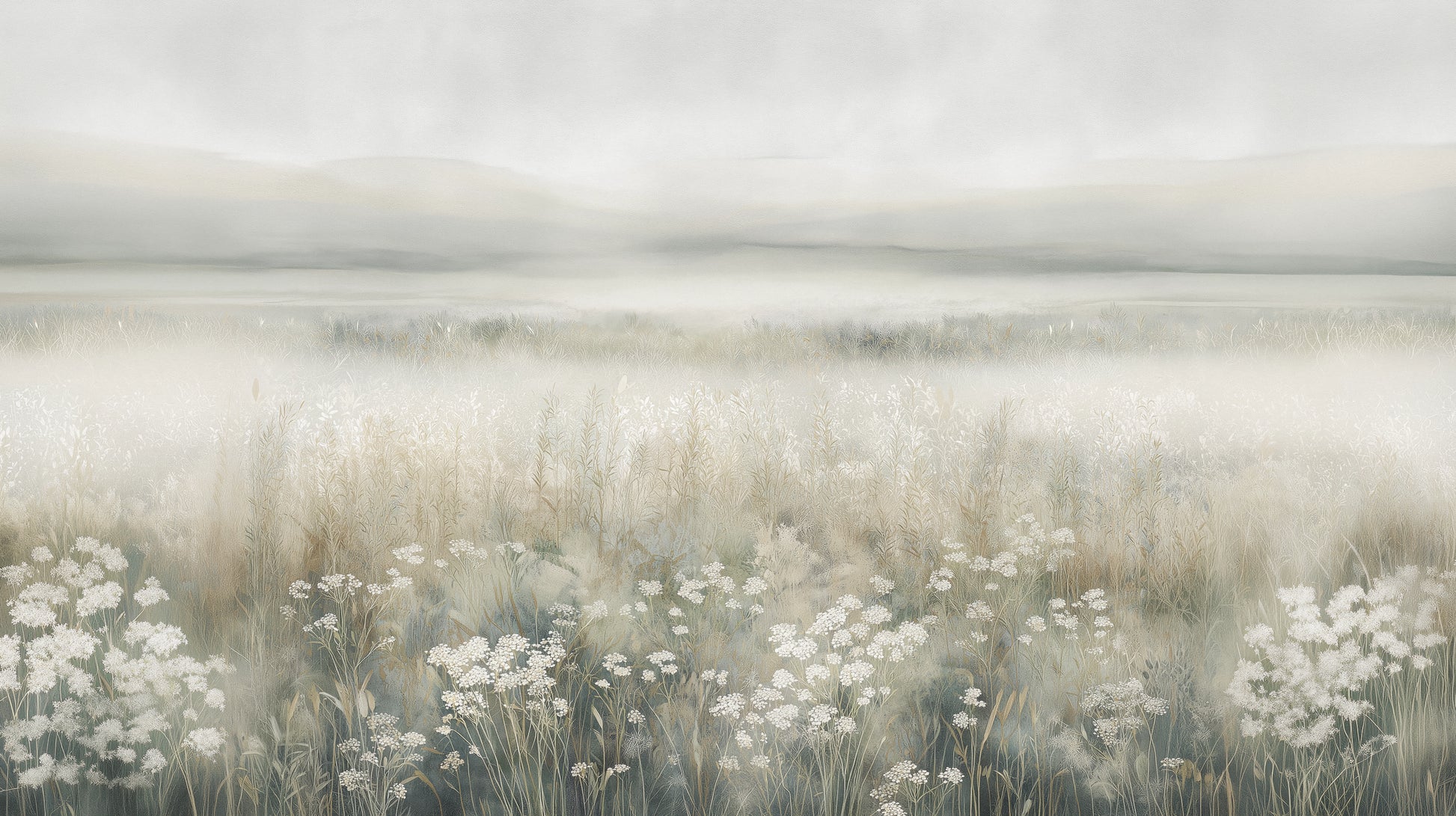 Prezentacja całego wzoru fototapety o nazwie WHISPERED MEADOW - tapeta z mglistą łąką i kwiatami