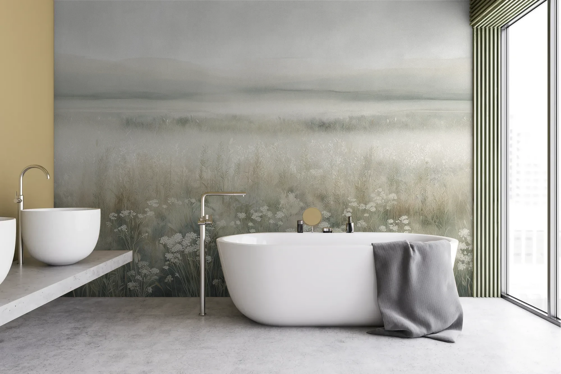 Wzór fototapety WHISPERED MEADOW - tapeta z mglistą łąką i kwiatami pokazanej w aranżacji łazienki.