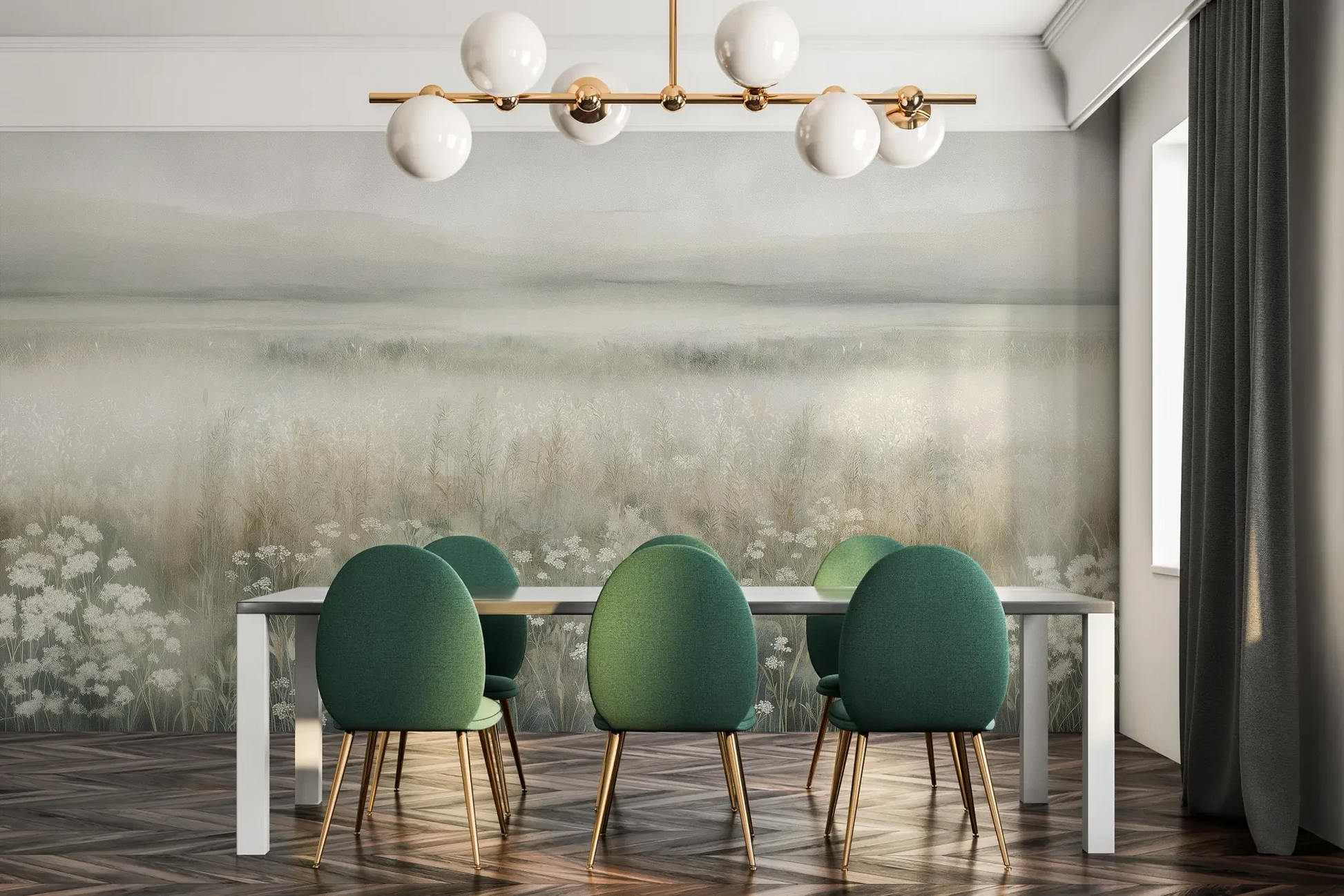 Fototapeta WHISPERED MEADOW - tapeta z mglistą łąką i kwiatami pokazana w aranżacji jadalni.