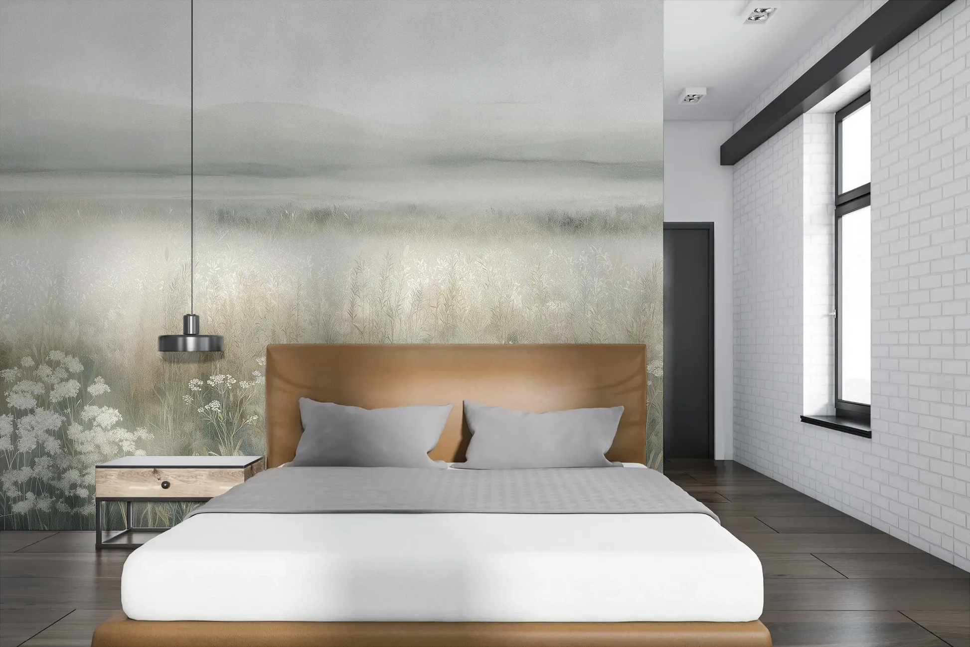 Wzór fototapety WHISPERED MEADOW - tapeta z mglistą łąką i kwiatami pokazanej w aranżacji sypialni.