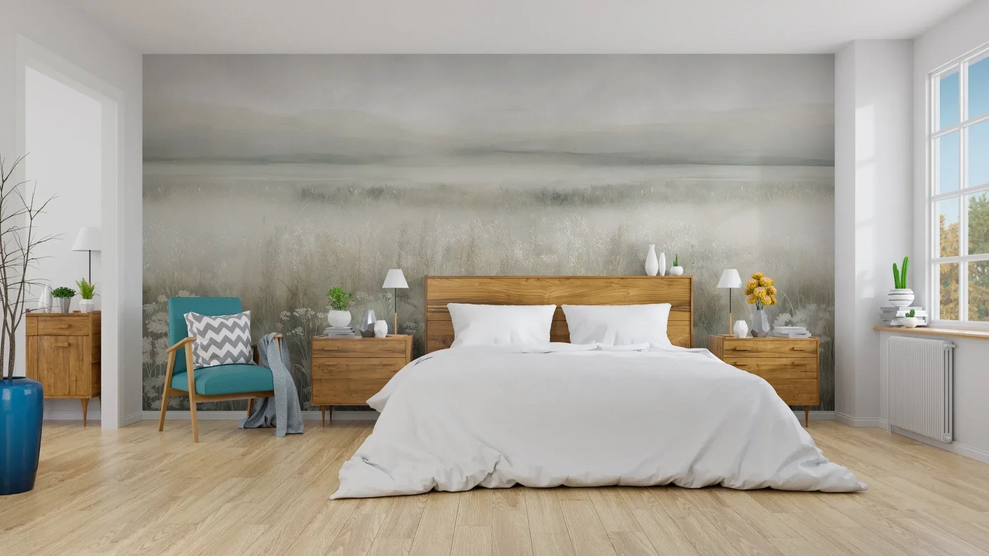 Wzór fototapety WHISPERED MEADOW - tapeta z mglistą łąką i kwiatami pokazanej w aranżacji sypialni.