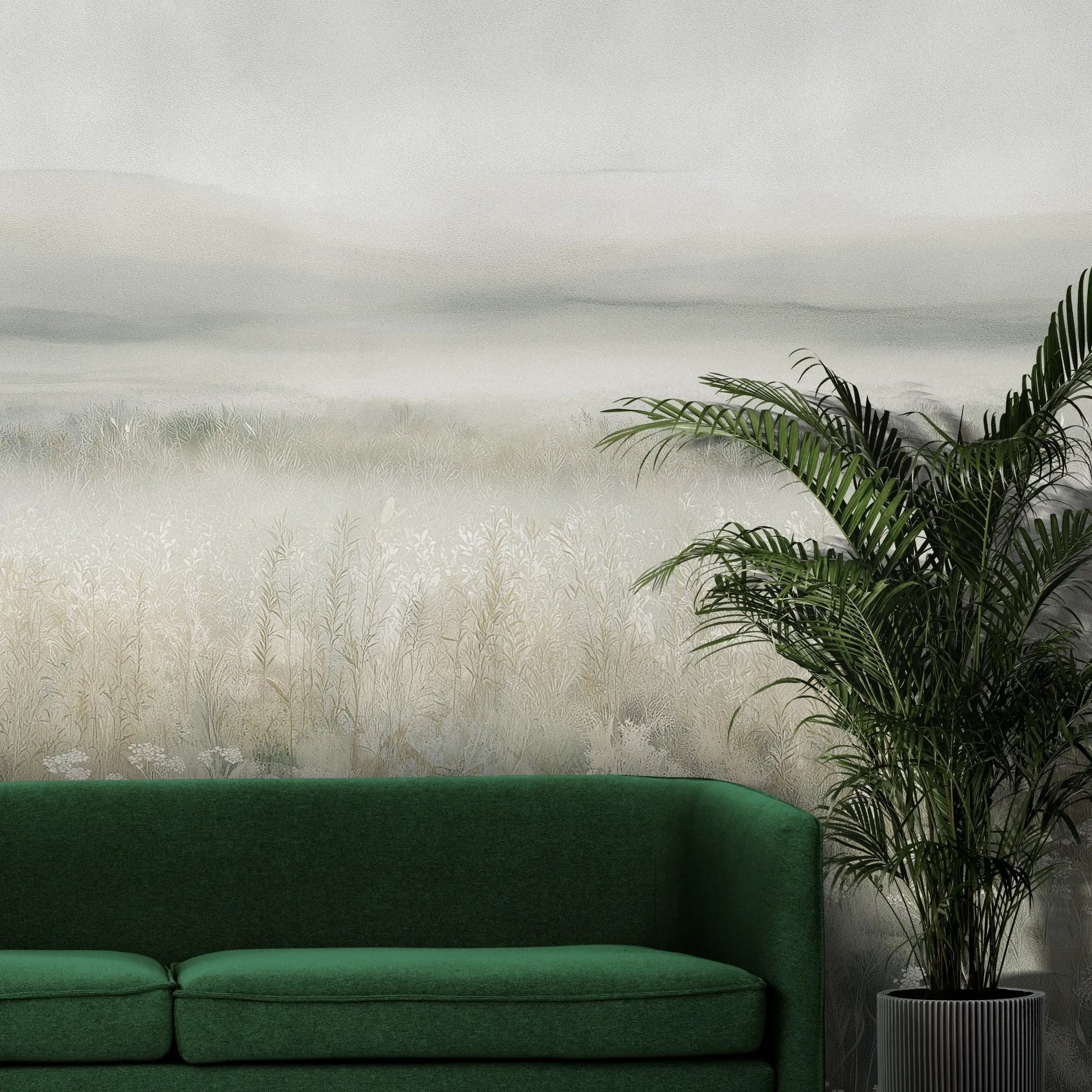 Fototapeta WHISPERED MEADOW - tapeta z mglistą łąką i kwiatami pokazana w aranżacji wnętrza z akcentem na ścianie.