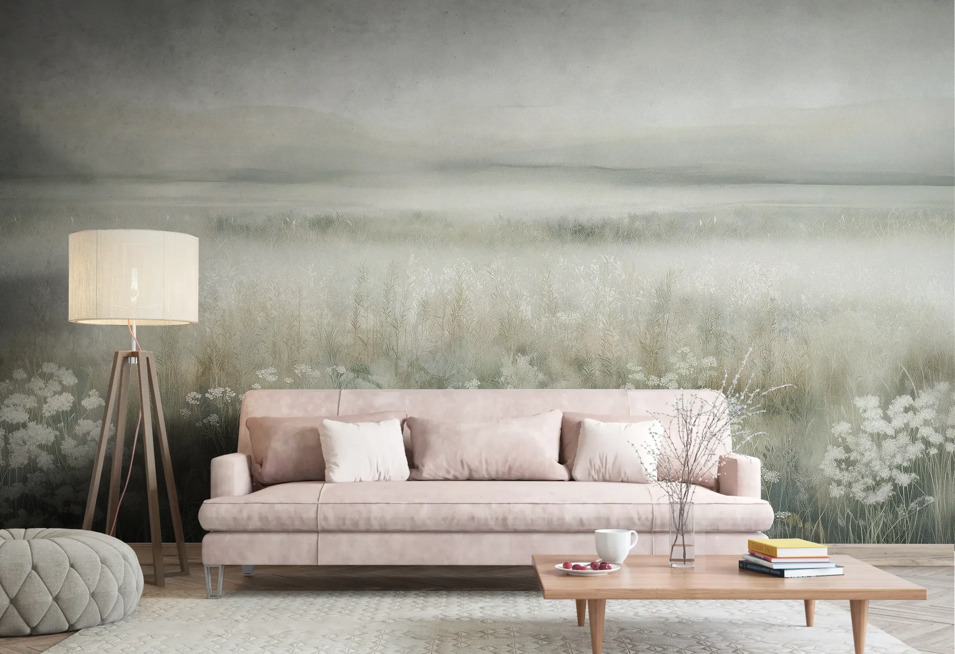 Wzór fototapety WHISPERED MEADOW - tapeta z mglistą łąką i kwiatami pokazanej w aranżacji salonu.