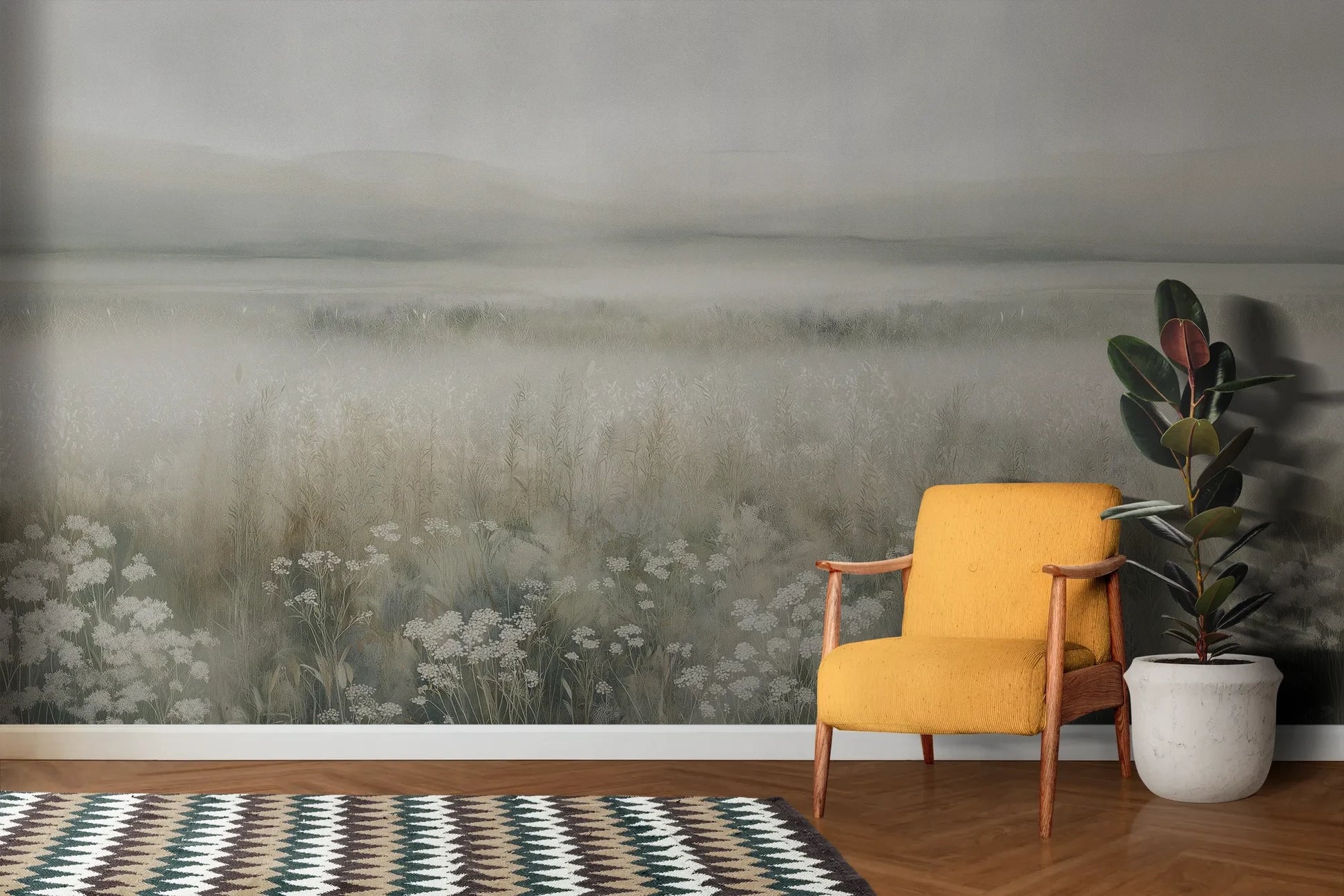 Wzór fototapety WHISPERED MEADOW - tapeta z mglistą łąką i kwiatami pokazanej w aranżacji salonu.