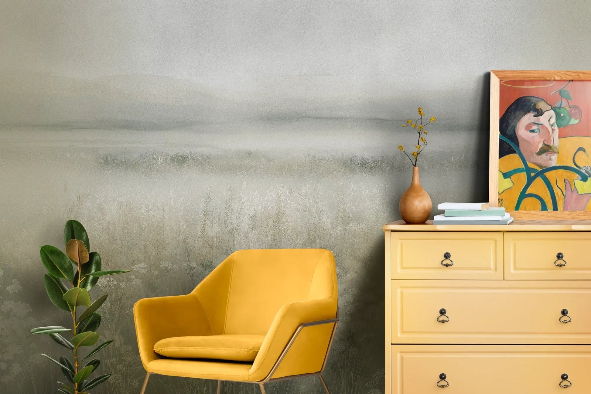 Wzór fototapety WHISPERED MEADOW - tapeta z mglistą łąką i kwiatami pokazanej w aranżacji salonu.