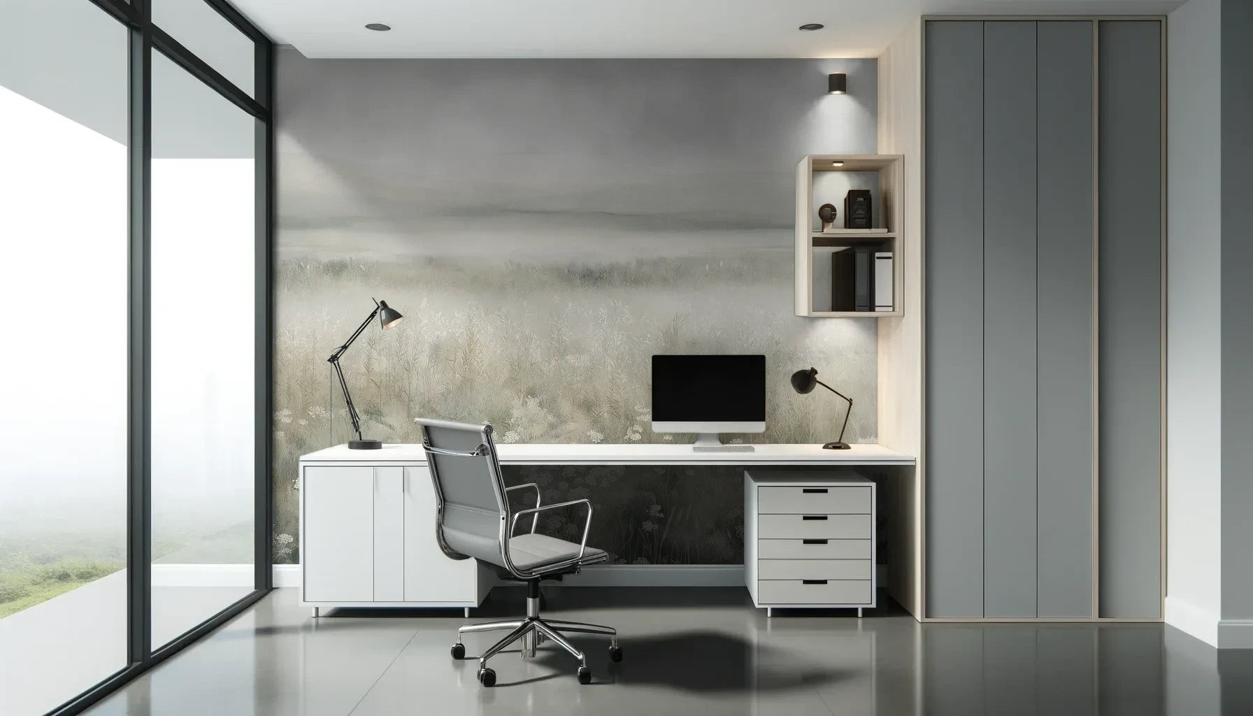 Fototapeta WHISPERED MEADOW - tapeta z mglistą łąką i kwiatami pokazana w aranżacji biura.