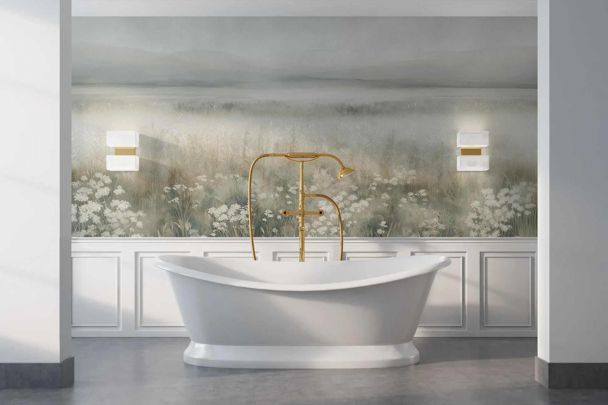 Wzór fototapety WHISPERED MEADOW - tapeta z mglistą łąką i kwiatami pokazanej w aranżacji łazienki.