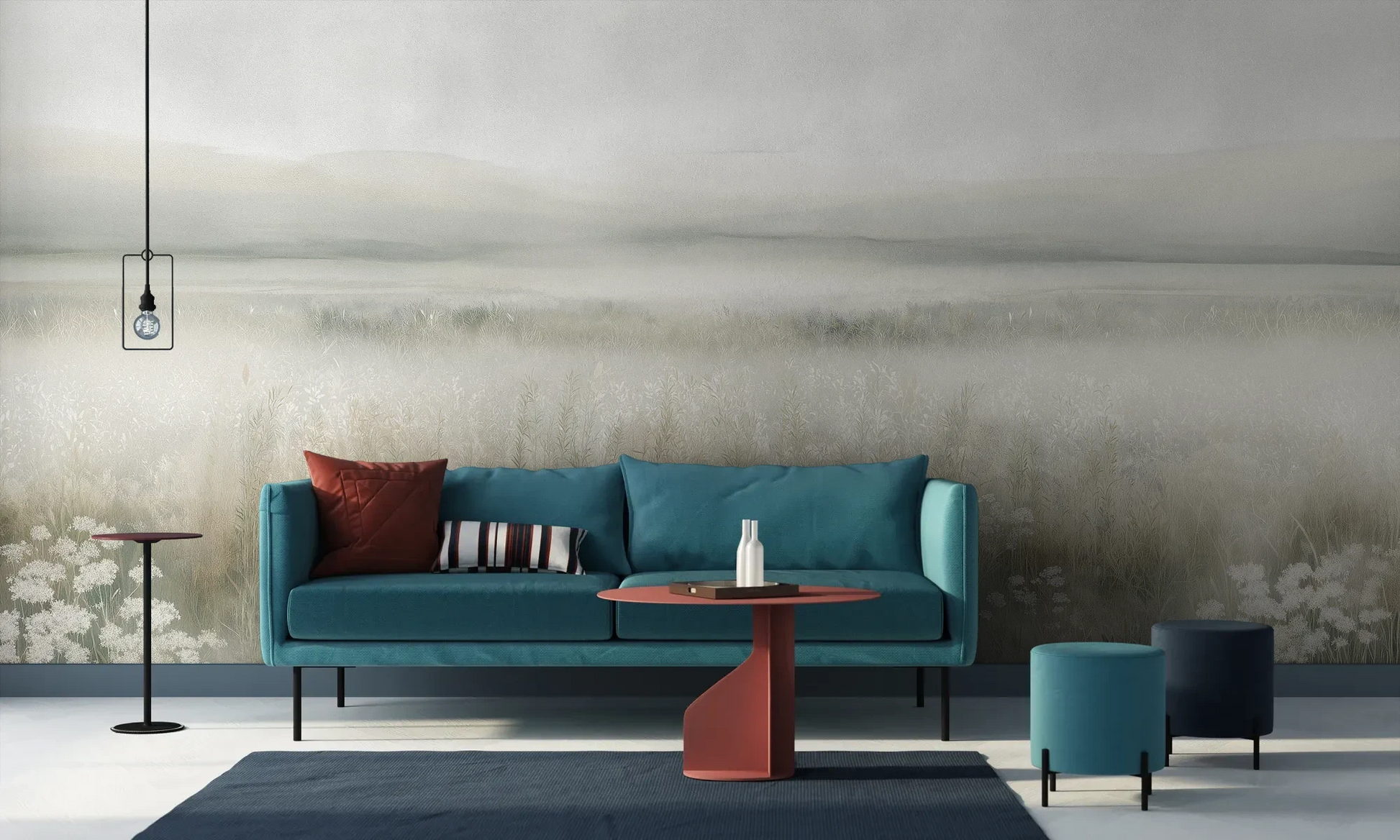 Wzór fototapety WHISPERED MEADOW - tapeta z mglistą łąką i kwiatami pokazanej w aranżacji salonu.