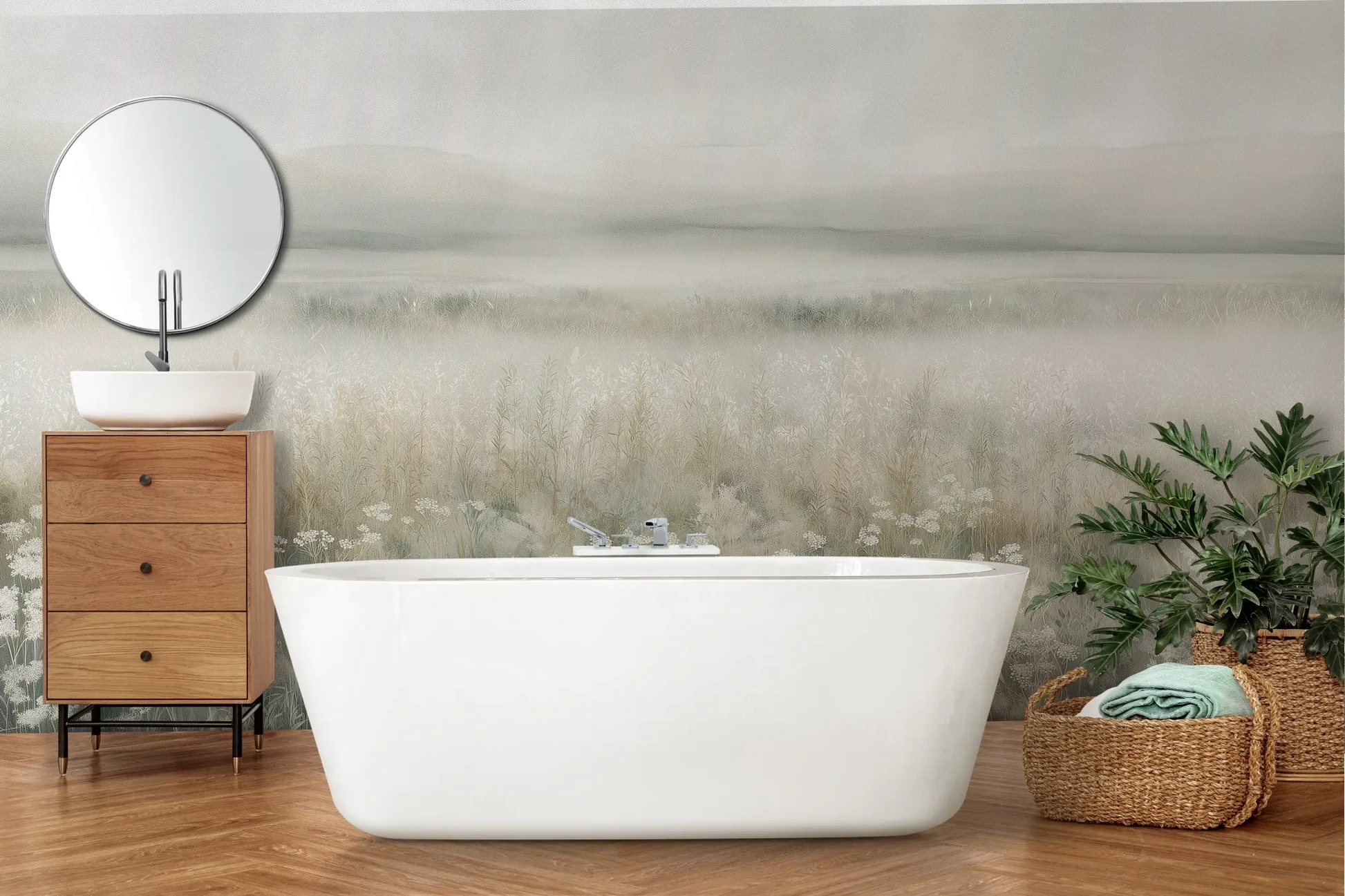 Wzór fototapety WHISPERED MEADOW - tapeta z mglistą łąką i kwiatami pokazanej w aranżacji łazienki.