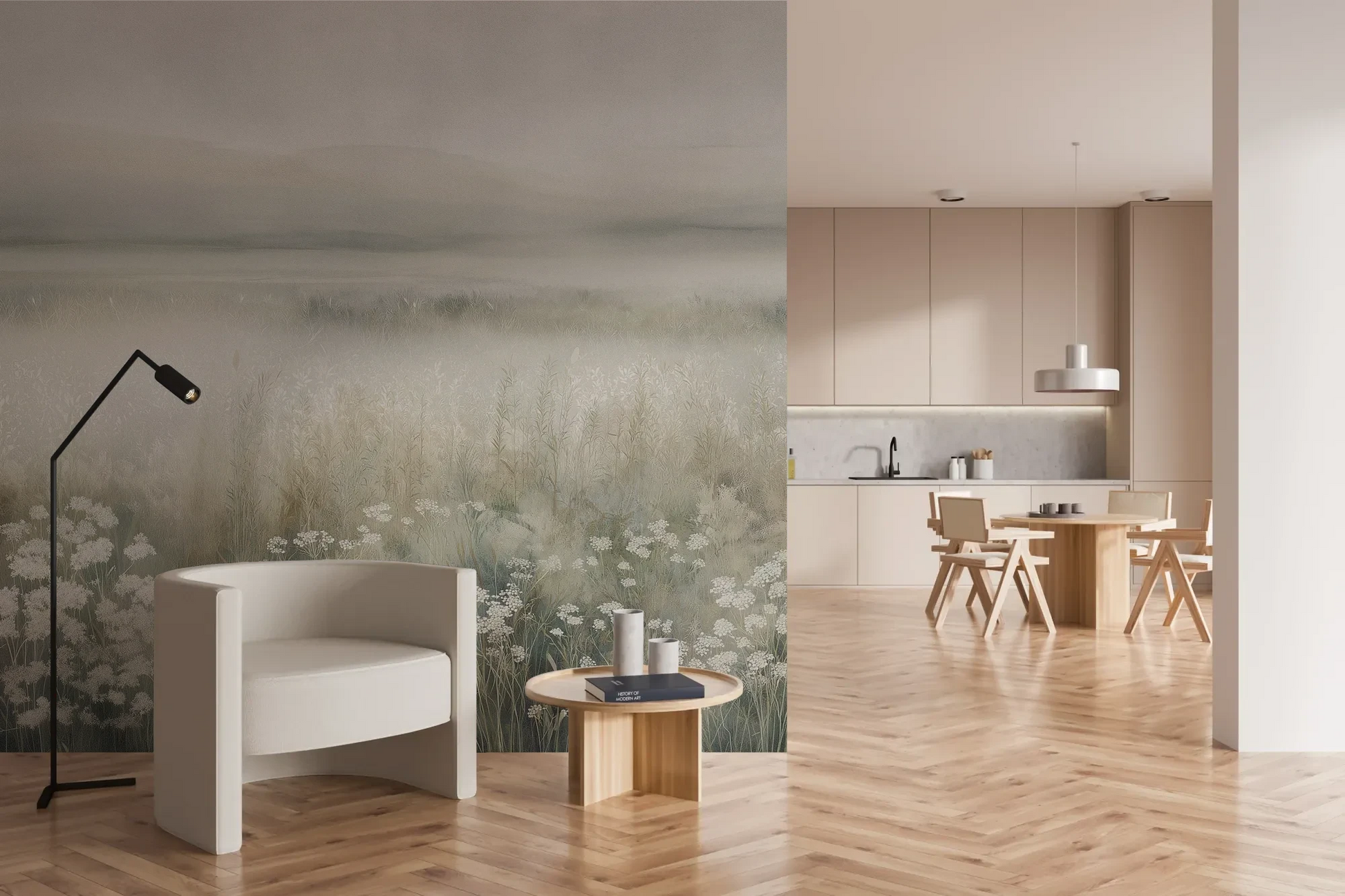 Wzór fototapety WHISPERED MEADOW - tapeta z mglistą łąką i kwiatami pokazanej w aranżacji kuchni.