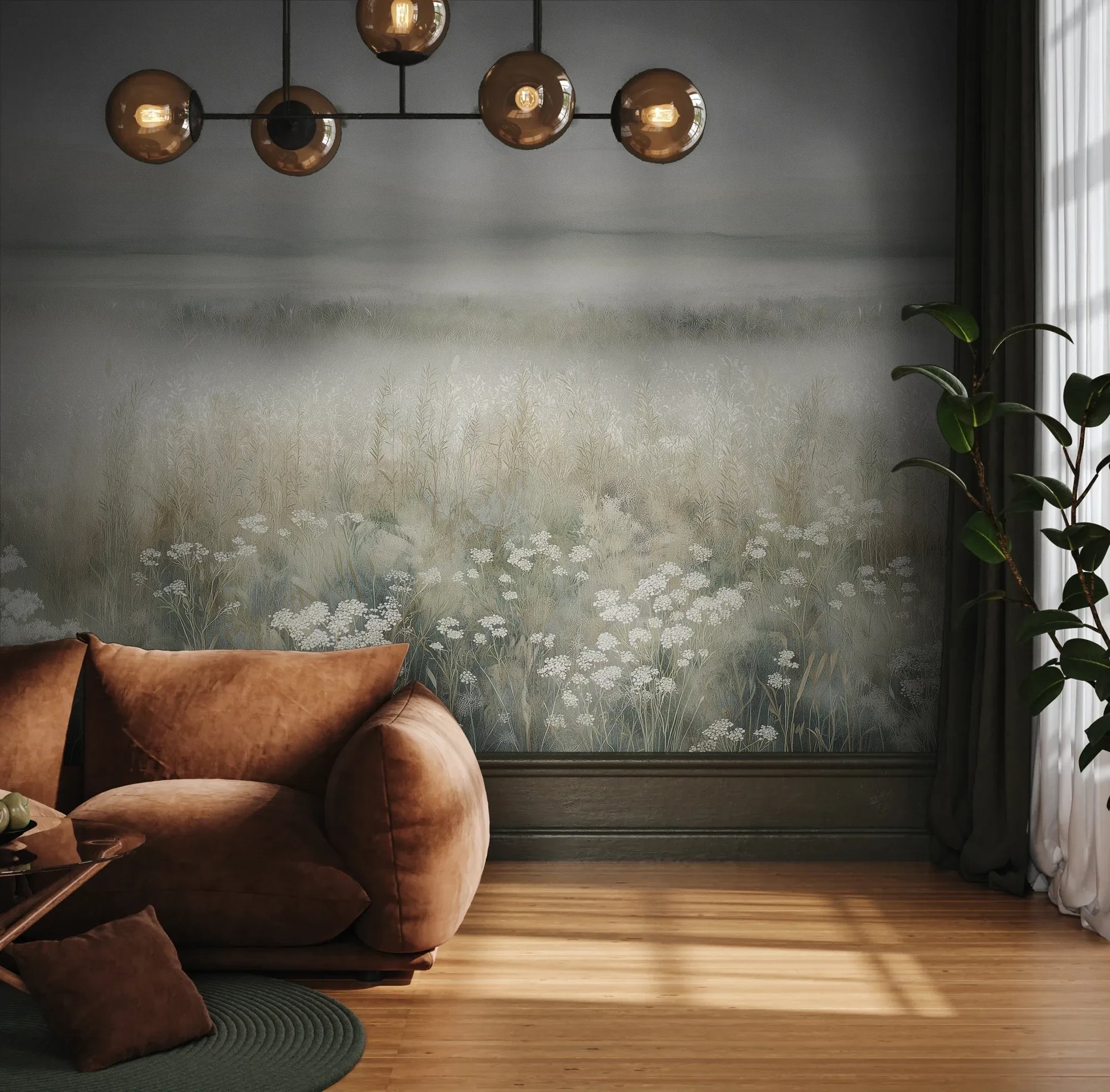 Fototapeta WHISPERED MEADOW - tapeta z mglistą łąką i kwiatami pokazana w aranżacji wnętrza z akcentem na ścianie.