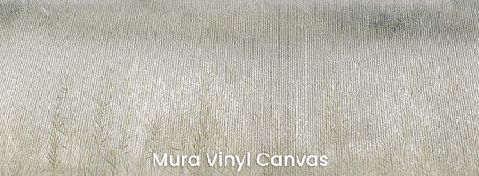 Zbliżenie na fototapetę WHISPERED MEADOW - tapeta z mglistą łąką i kwiatami na podłożu o fakturze płótna.