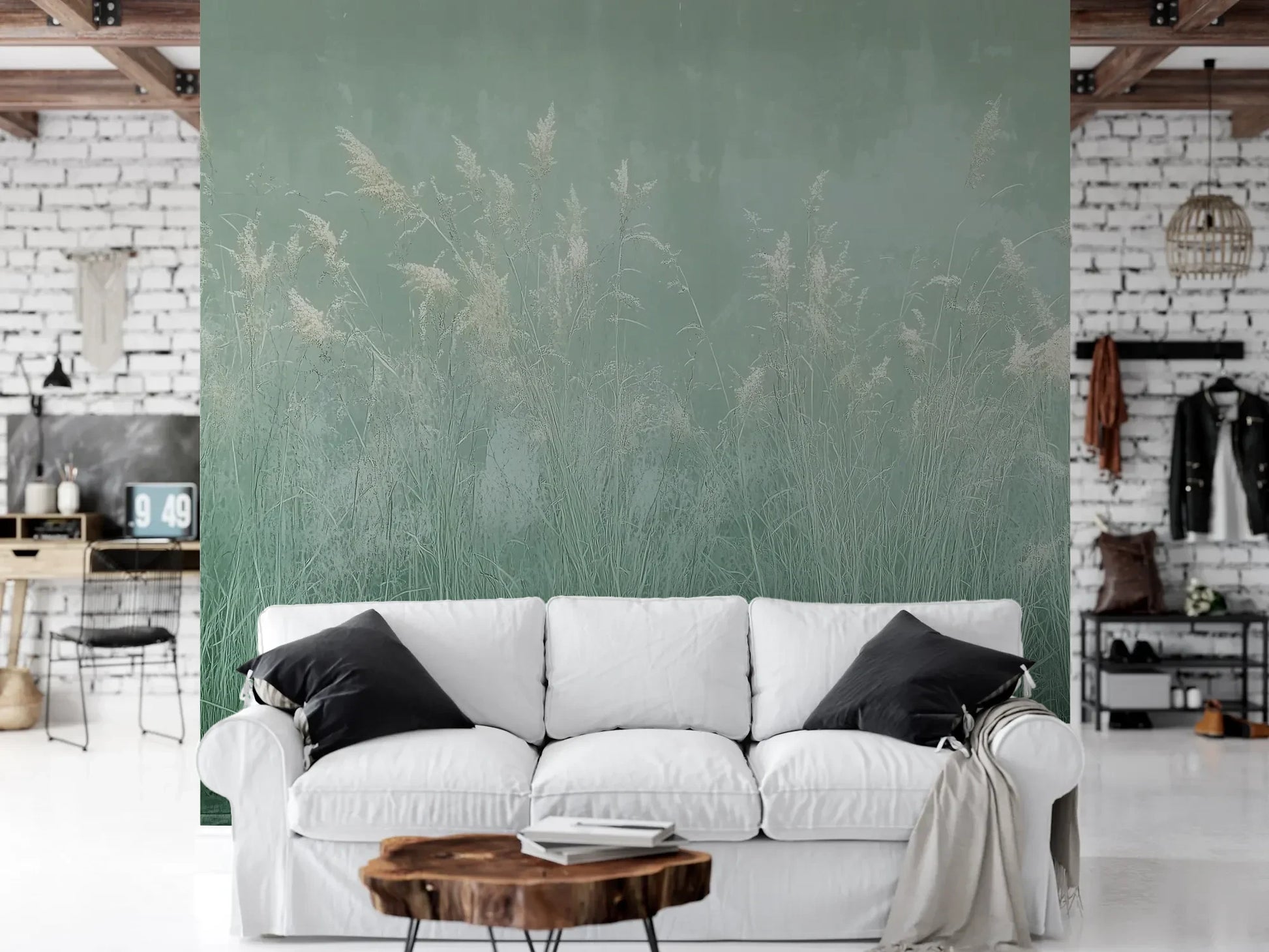 Wzór fototapety JADE BUTTERFLY - tapeta z motylami w seledynowej mgle pokazanej w aranżacji salonu.