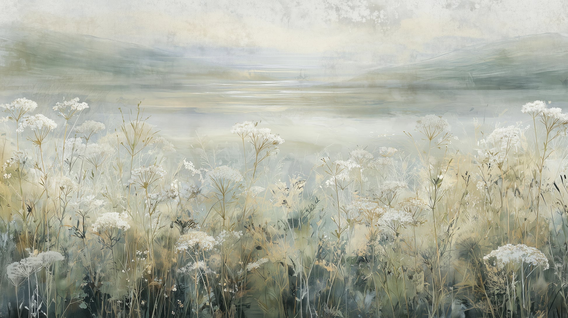 Prezentacja całego wzoru fototapety o nazwie COASTAL WHISPERS - tapeta z łąką nad brzegiem morza