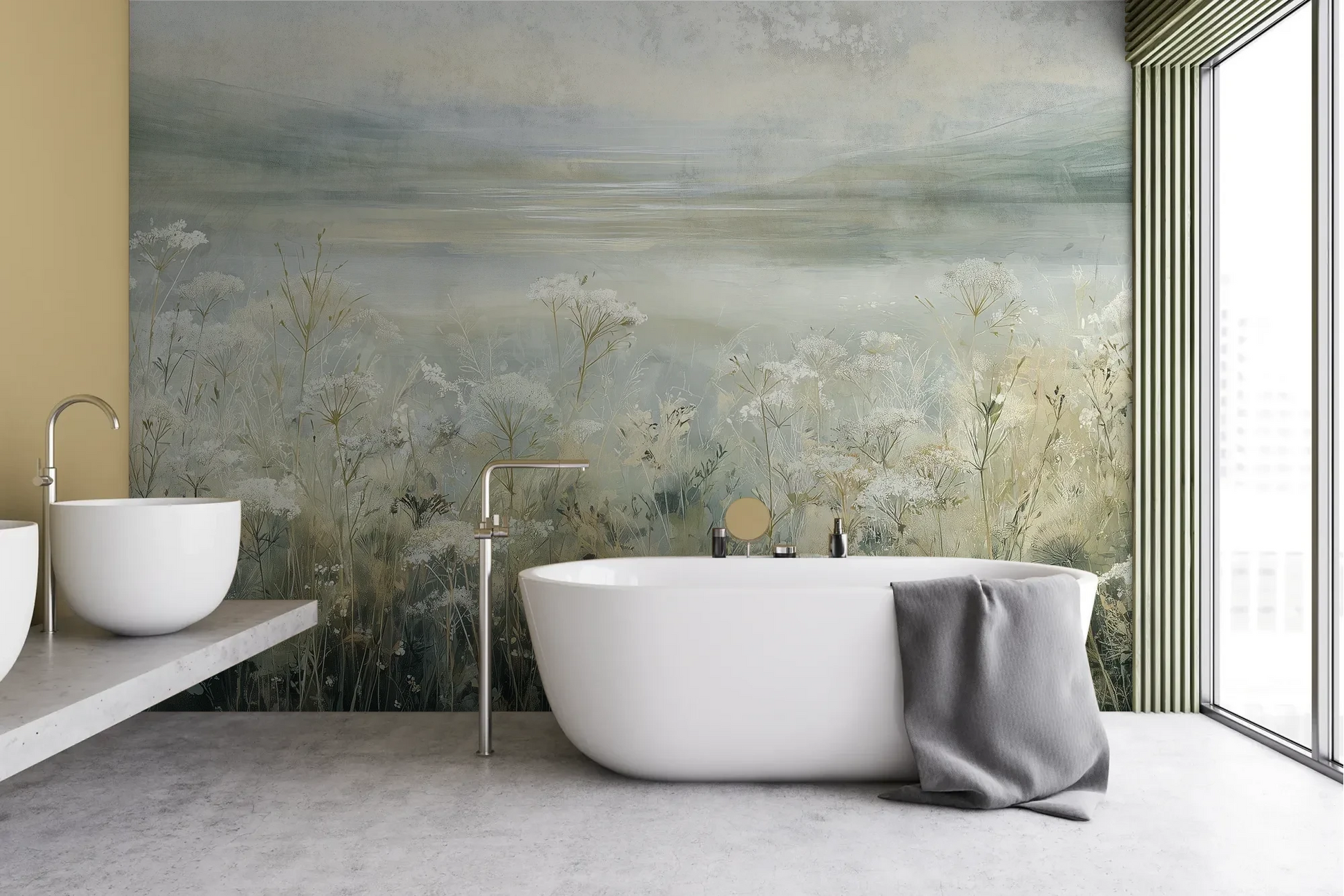 Wzór fototapety COASTAL WHISPERS - tapeta z łąką nad brzegiem morza pokazanej w aranżacji łazienki.