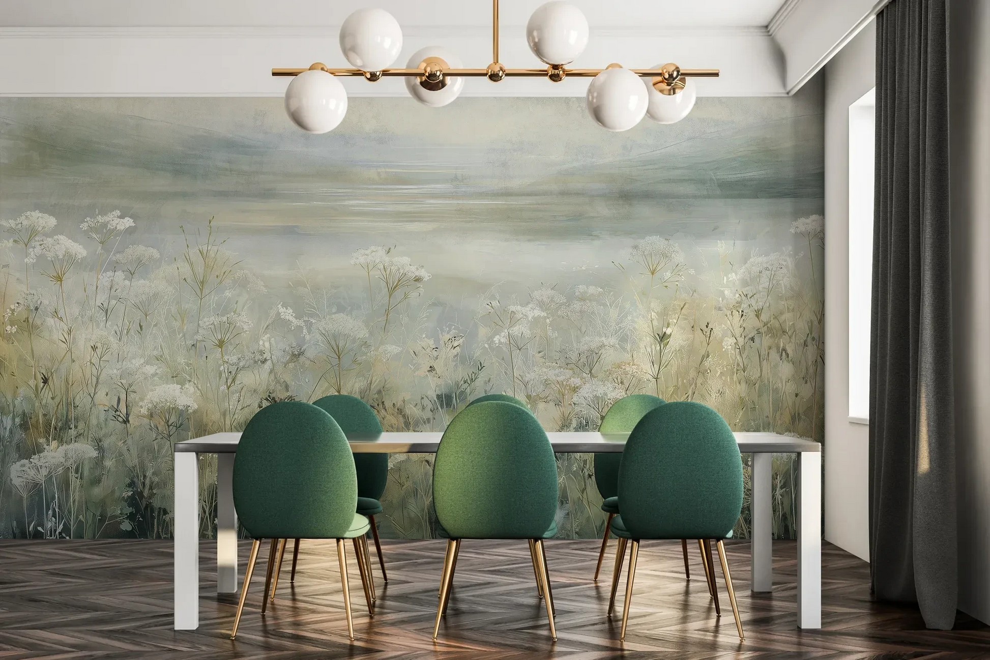 Fototapeta COASTAL WHISPERS - tapeta z łąką nad brzegiem morza pokazana w aranżacji jadalni.