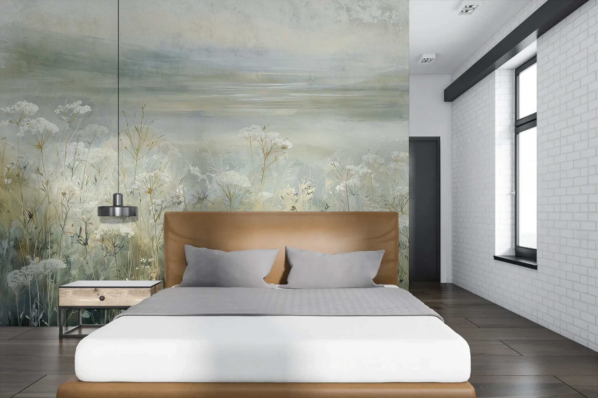 Wzór fototapety COASTAL WHISPERS - tapeta z łąką nad brzegiem morza pokazanej w aranżacji sypialni.