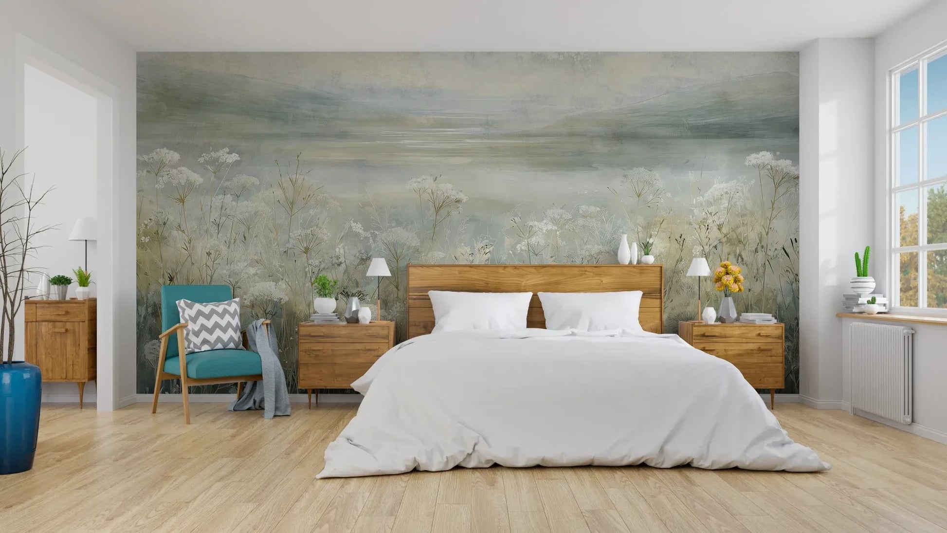 Wzór fototapety COASTAL WHISPERS - tapeta z łąką nad brzegiem morza pokazanej w aranżacji sypialni.