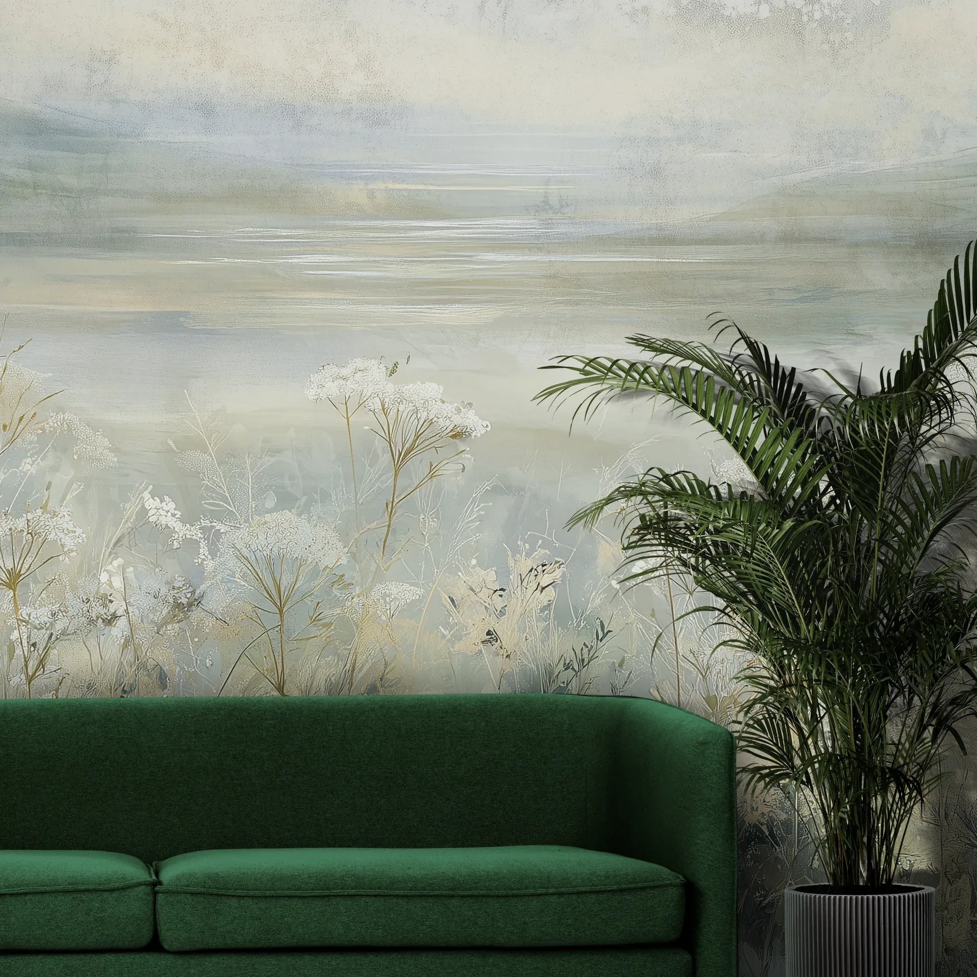 Fototapeta COASTAL WHISPERS - tapeta z łąką nad brzegiem morza pokazana w aranżacji wnętrza z akcentem na ścianie.