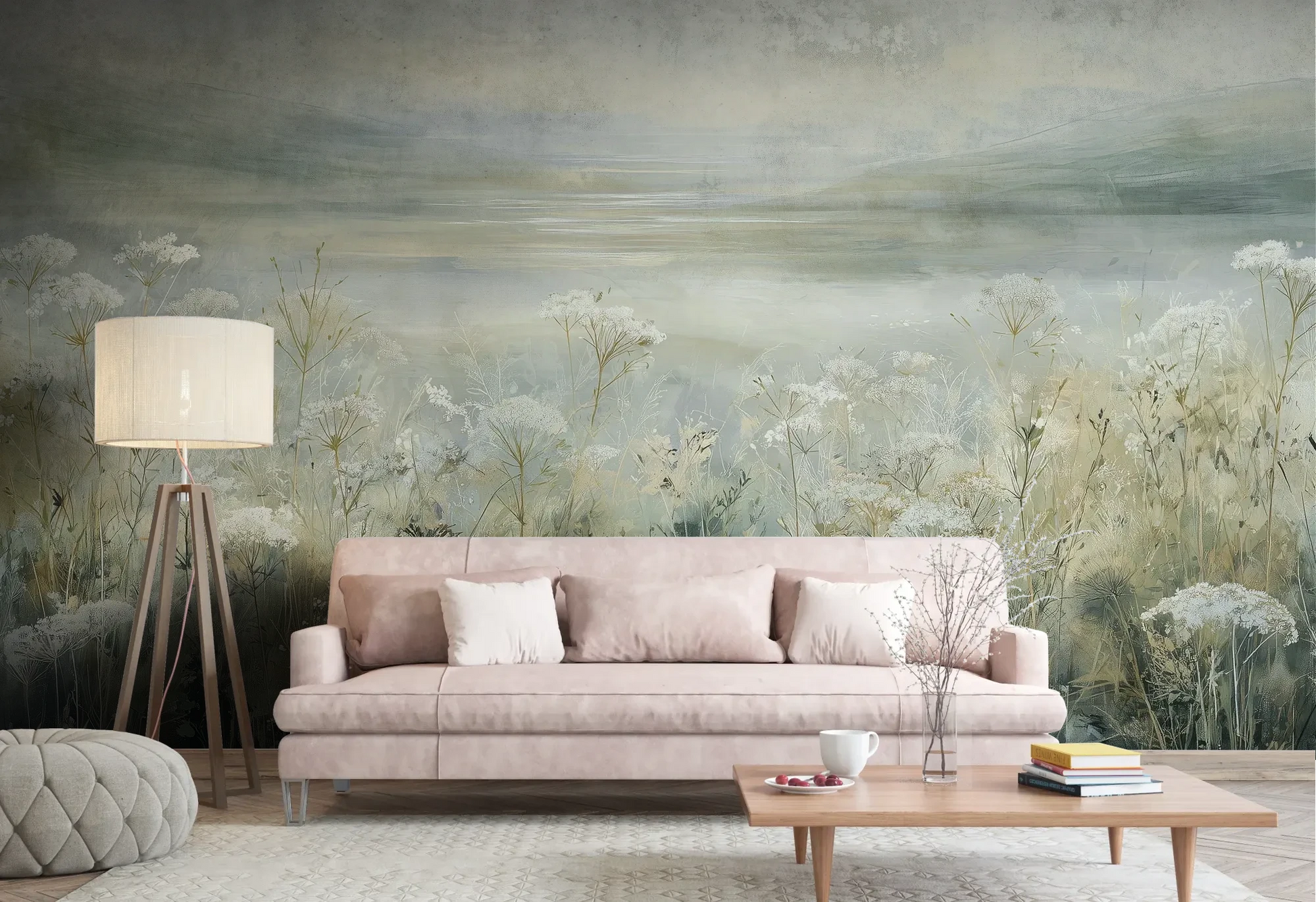 Wzór fototapety COASTAL WHISPERS - tapeta z łąką nad brzegiem morza pokazanej w aranżacji salonu.