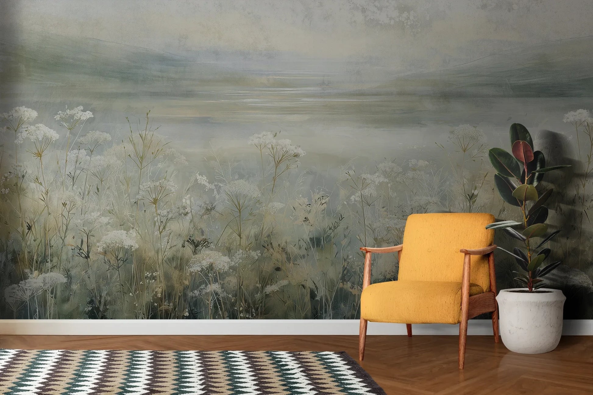 Wzór fototapety COASTAL WHISPERS - tapeta z łąką nad brzegiem morza pokazanej w aranżacji salonu.