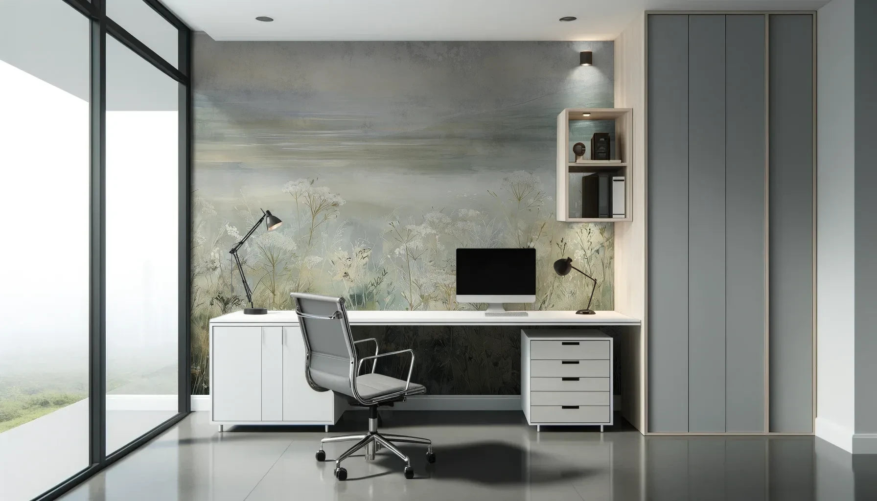 Fototapeta COASTAL WHISPERS - tapeta z łąką nad brzegiem morza pokazana w aranżacji biura.